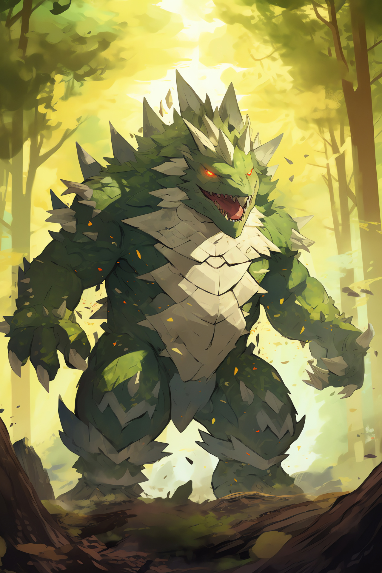 Mega Tyranitar, Untouched woods, Commanding Pokmon, Arboreal giants, Sun-speckled scenery, HD Phone Image