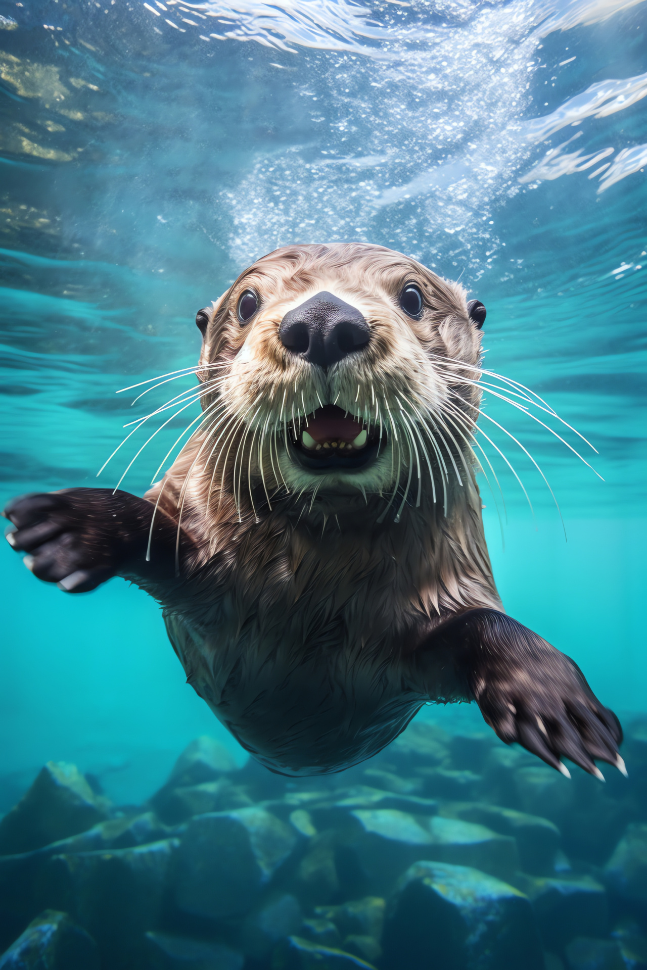 Aquatic playful otter, Buoyant back float, Rich umber fur, Wide-eyed mammal, Harmoniously colored setting, HD Phone Wallpaper