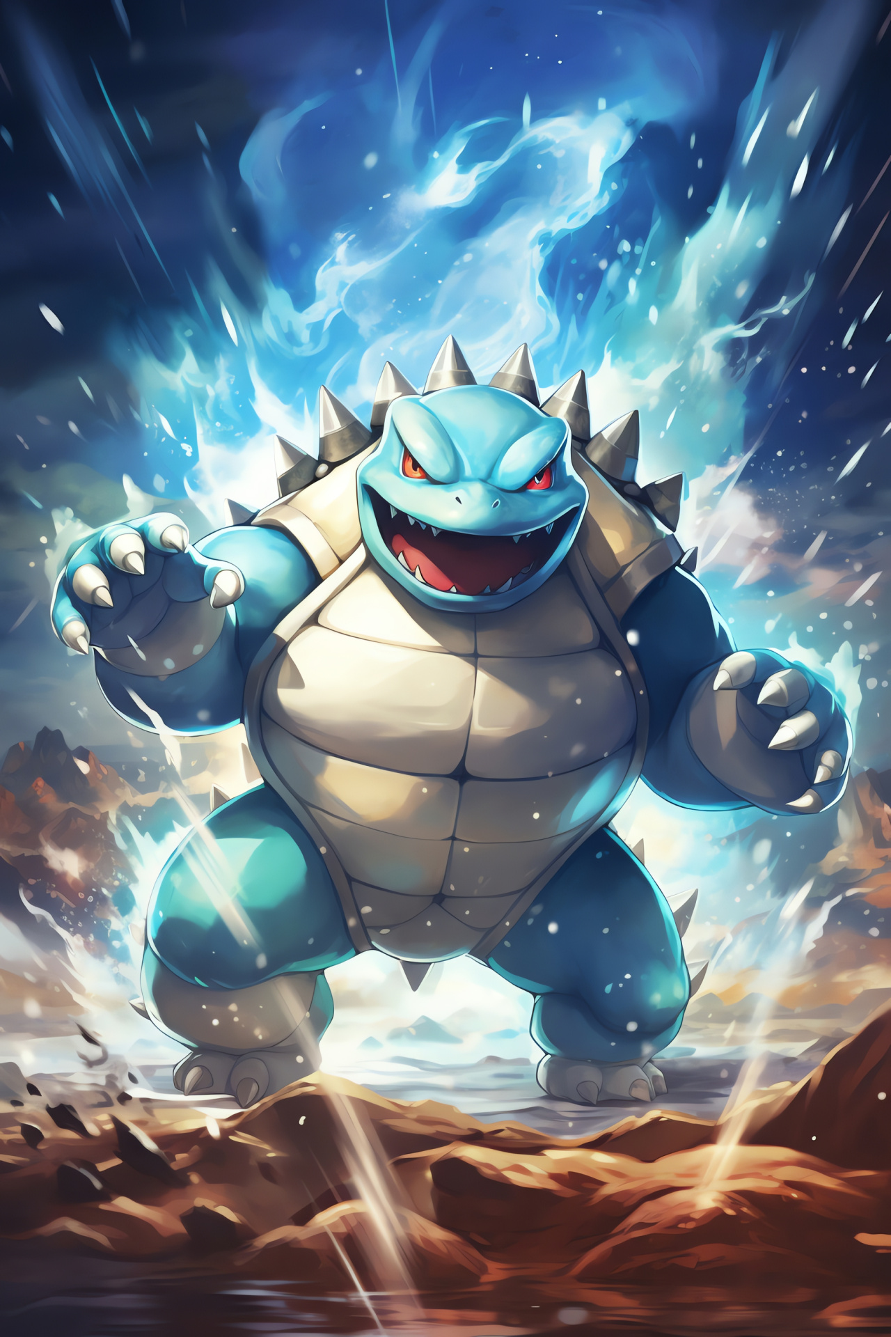 Powerful Blastoise stance, Water-type specialist, distinct blue eyes, towering presence, battle-ready, HD Phone Image