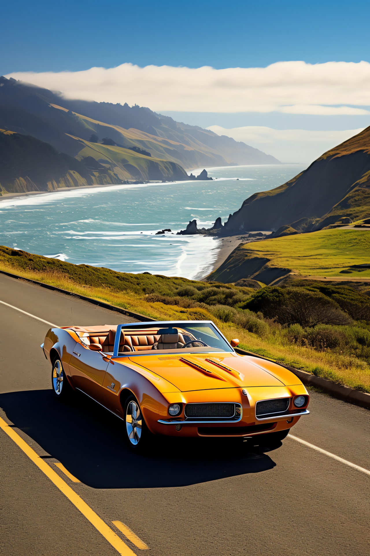 Pontiac Firebird Convertible, California coastline drive, Panoramic coastal route, American classic car, Road trip scenery, HD Phone Image