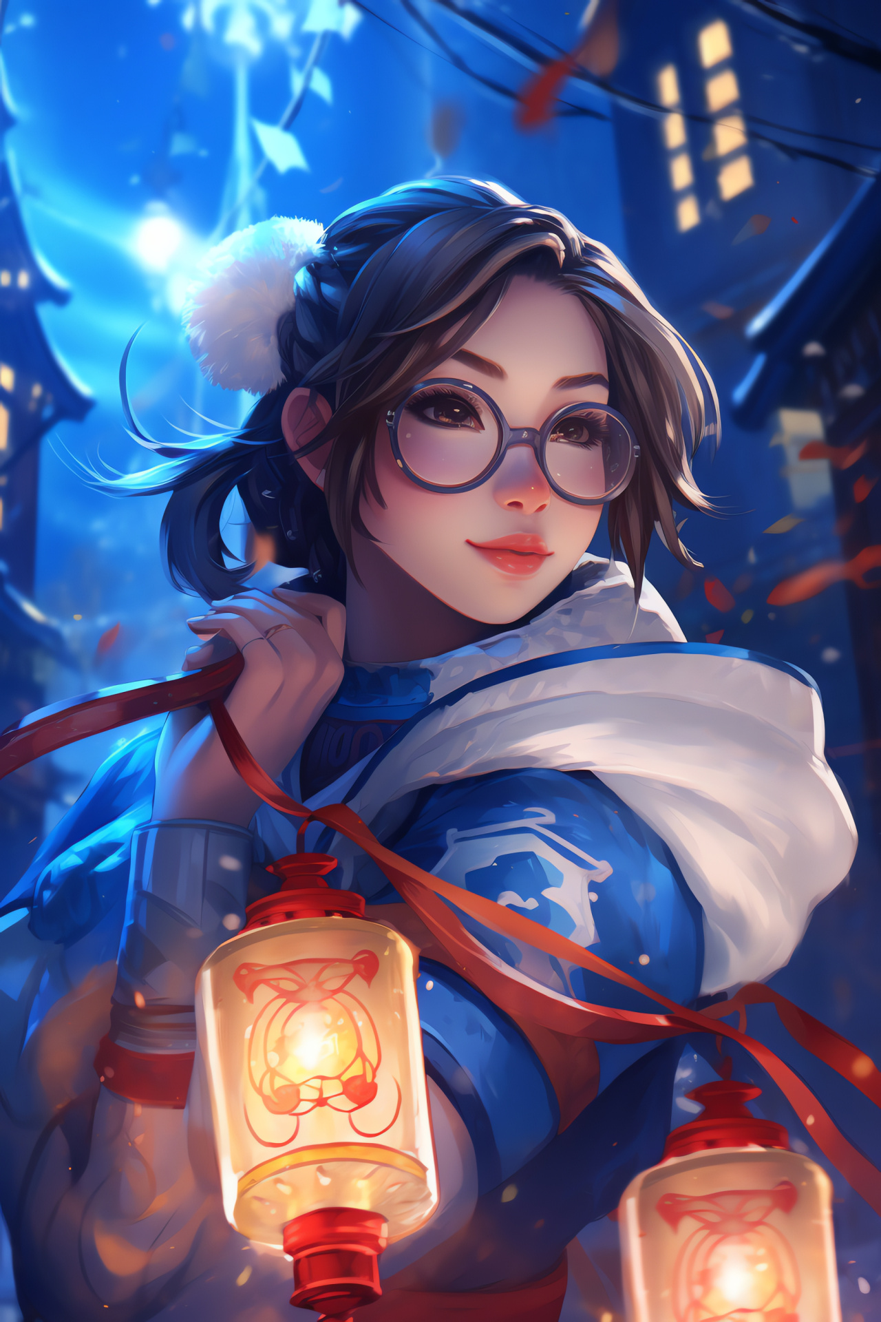 Overwatch Mei in action, iconic tower backdrop, frost survival ability, atmospheric Chinese streets, in-game strategy, HD Phone Image