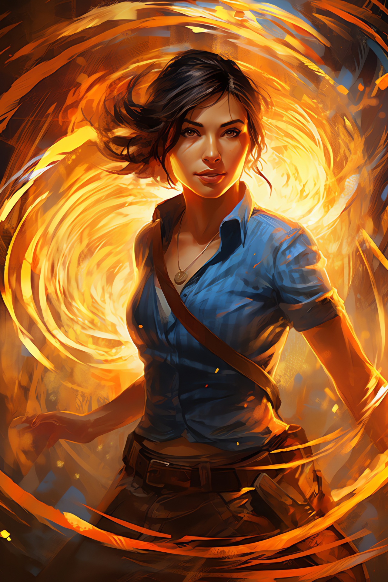 Chloe Frazer Uncharted, Burglar character, Icy stare, Golden treasure, Illuminated backdrop, HD Phone Wallpaper