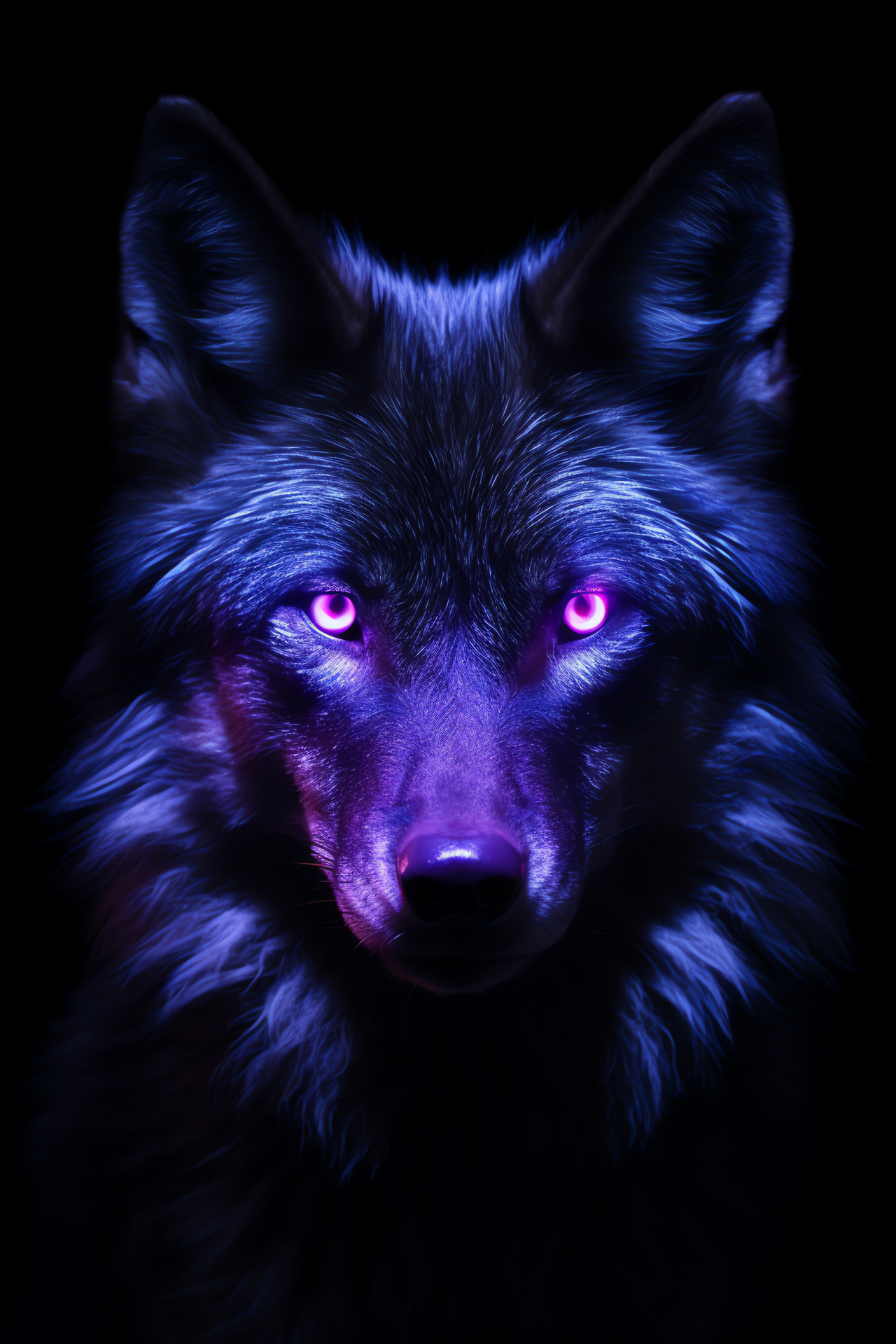 Elusive neon wolf, nocturnal gaze, cobalt fur, stark contrast, enigmatic aura, HD Phone Wallpaper