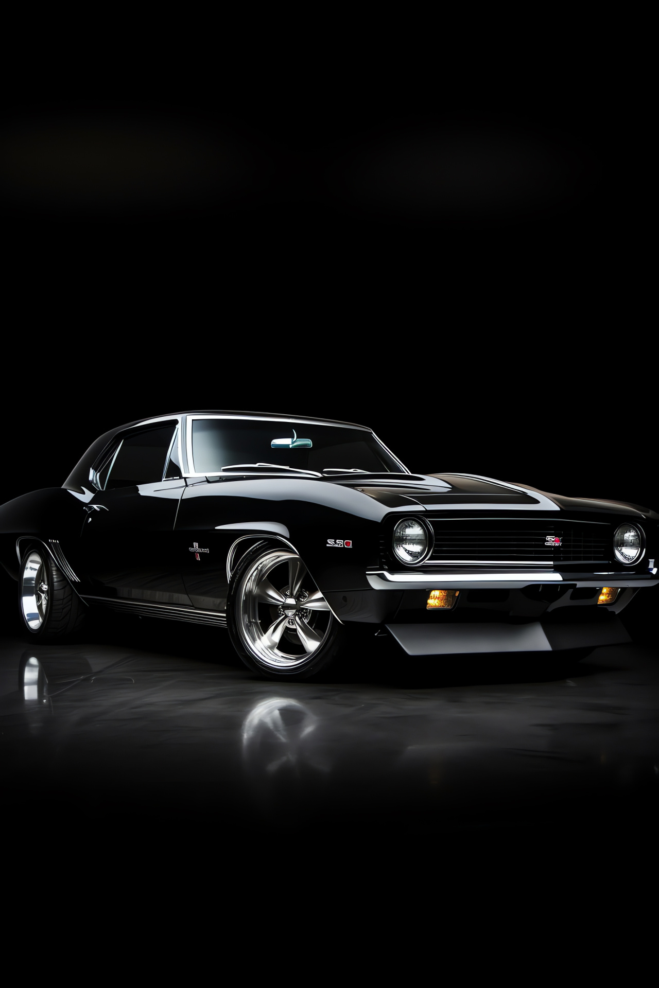 Classic muscle car, Vintage vehicle design, Black backdrop contrast, Car collector's item, Polished finish, HD Phone Image