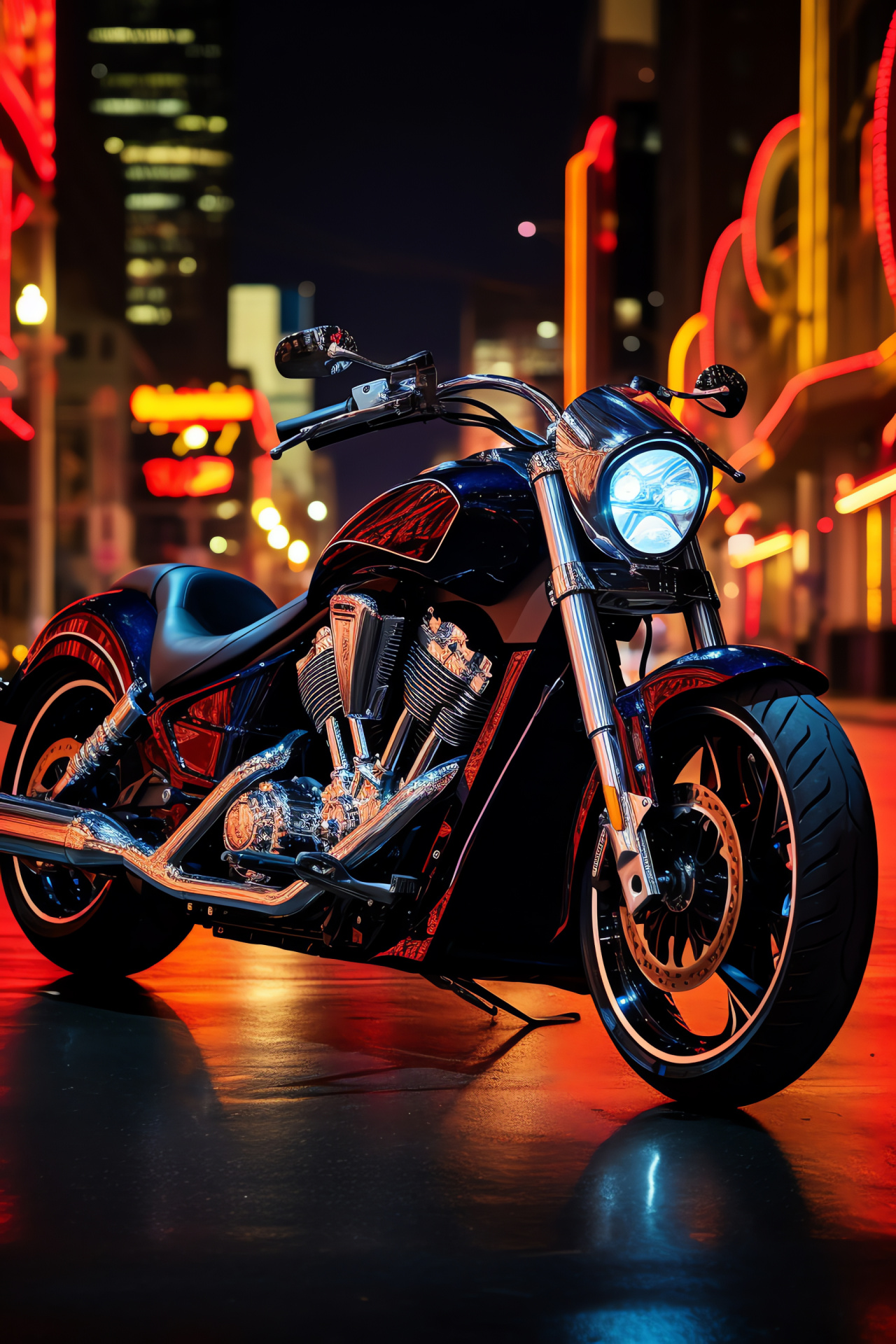 Victory Gunner motorcycle, Nighttime Vegas, Cruiser bike, Aggressive look, Performance machine, HD Phone Image