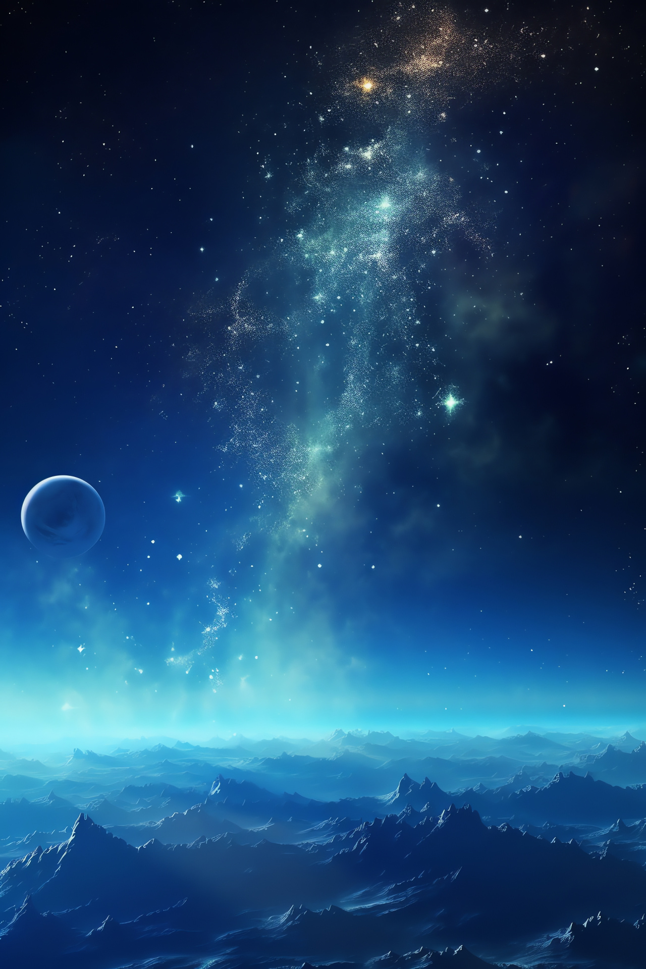 Celestial conjunction scene, Panoramic space canvas, Deep blue cosmos, Golden celestial light, Universal landscape, HD Phone Wallpaper