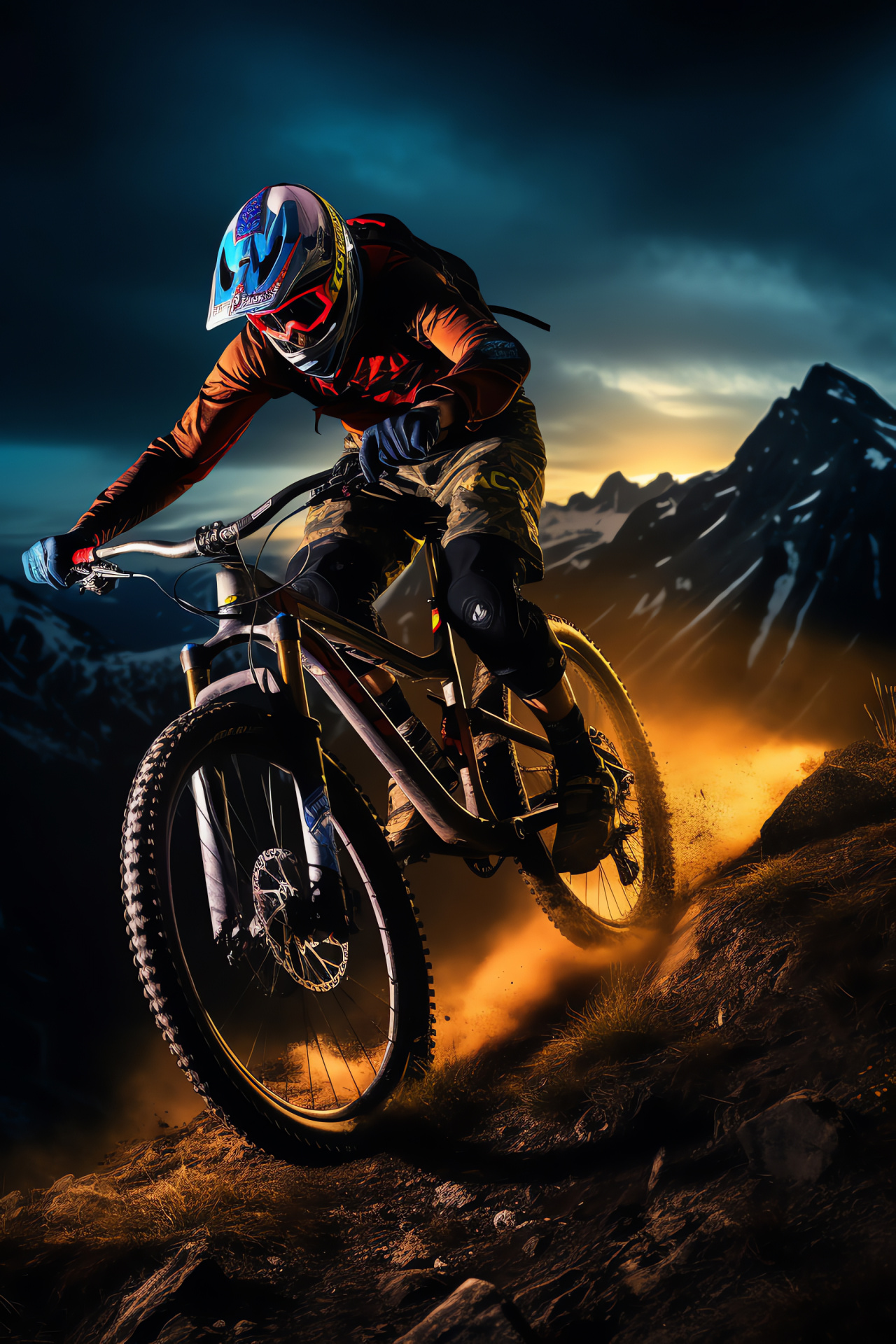 Mountain biking night scene, Cyclist silhouette under stars, Nocturnal bike excursion, Panoramic mountain outline, Adventure sport, HD Phone Wallpaper