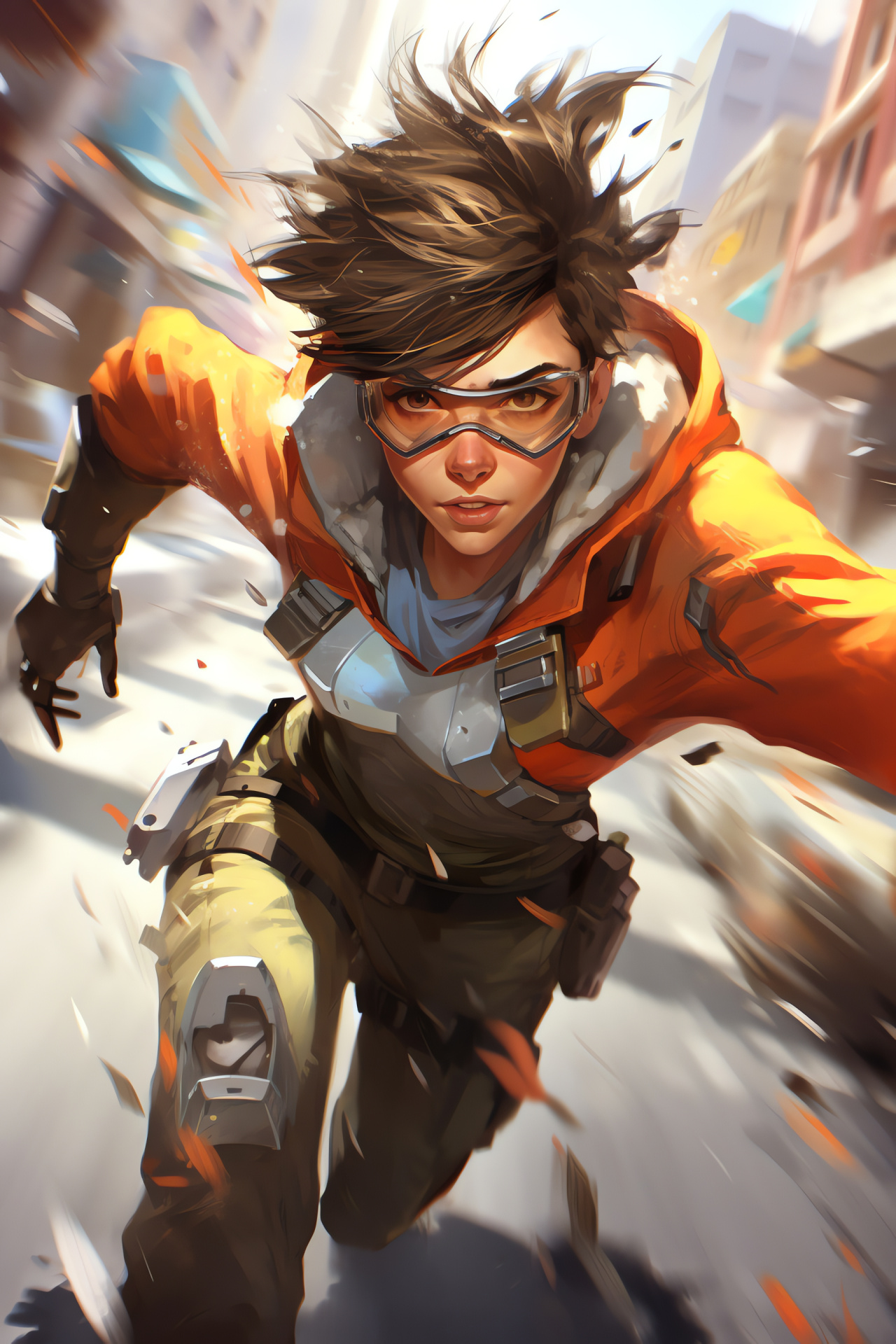 Tracer action scene, Time manipulation, Overwatch battle, Superhero agility, Chronal accelerator, HD Phone Wallpaper