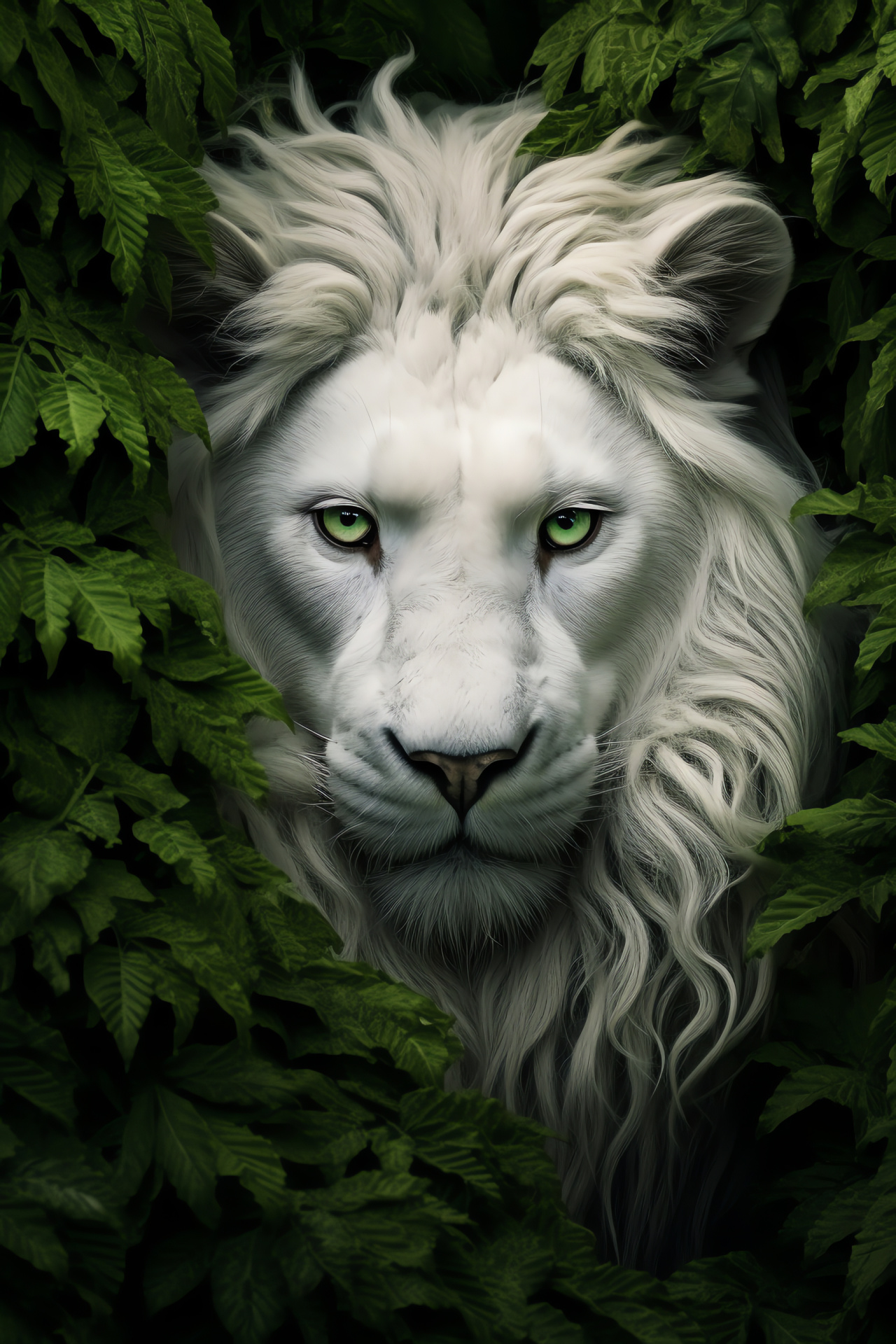 Rare carnivore, White Lion, Verdant foliage, Ghostly mane, Jungle lord, HD Phone Wallpaper