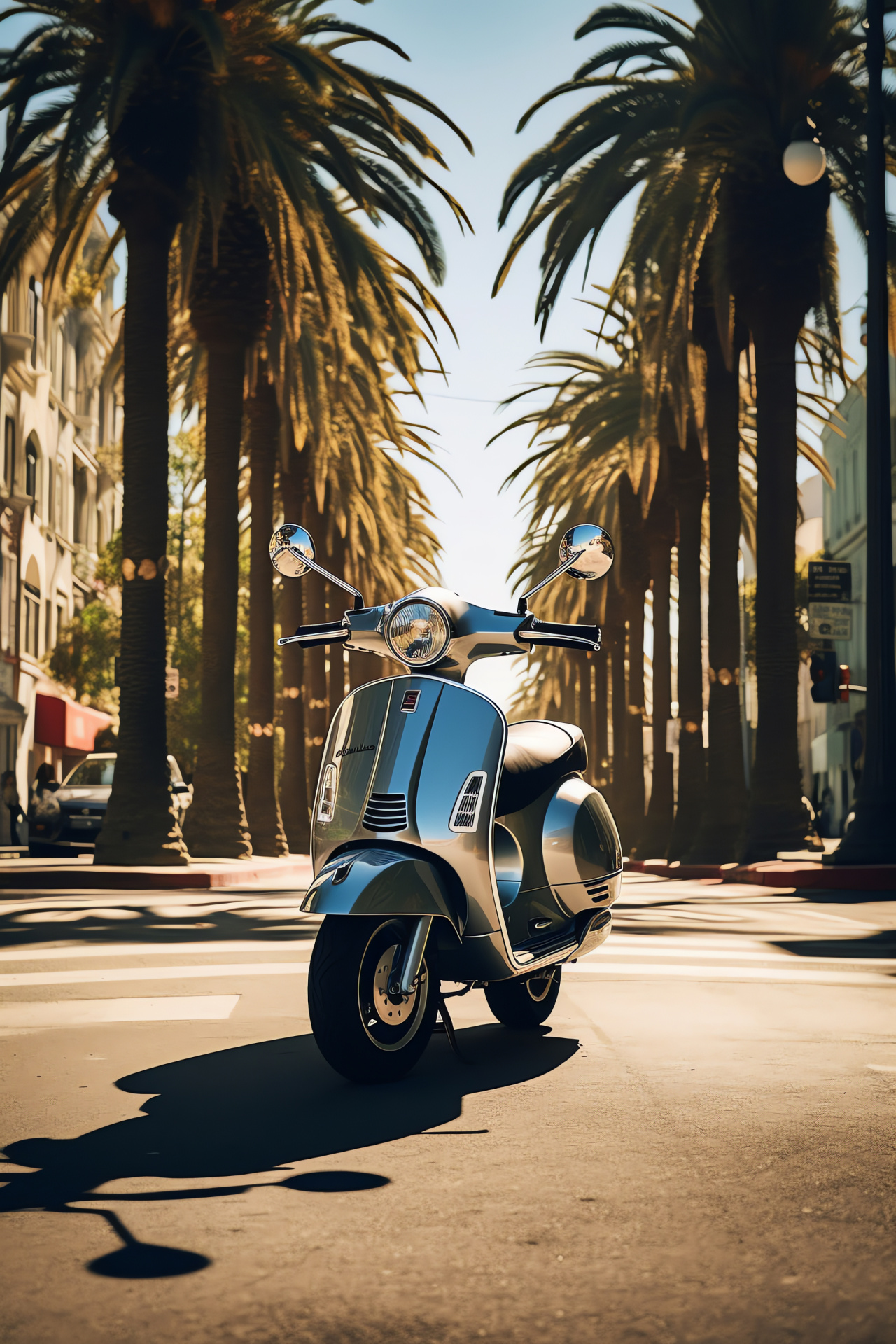 Vespa GTS 300 scooter, Los Angeles glamour, Beverly Hills cruising, Iconic Hollywood signage, Affluent neighborhood motif, HD Phone Image