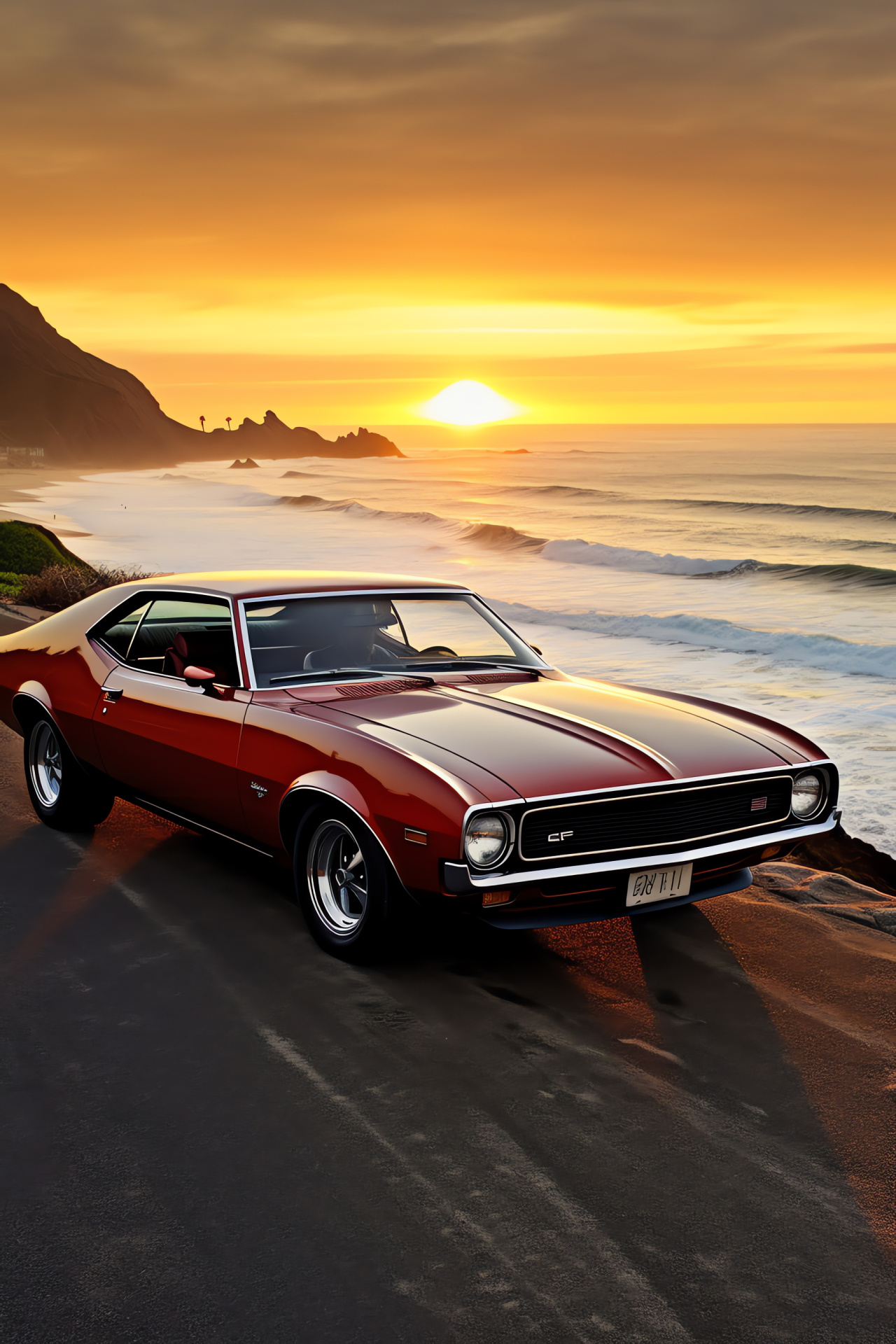 Muscle Car, AMC AMX, Coastal scenery, Sunset drives, Oceanic backdrop, HD Phone Image