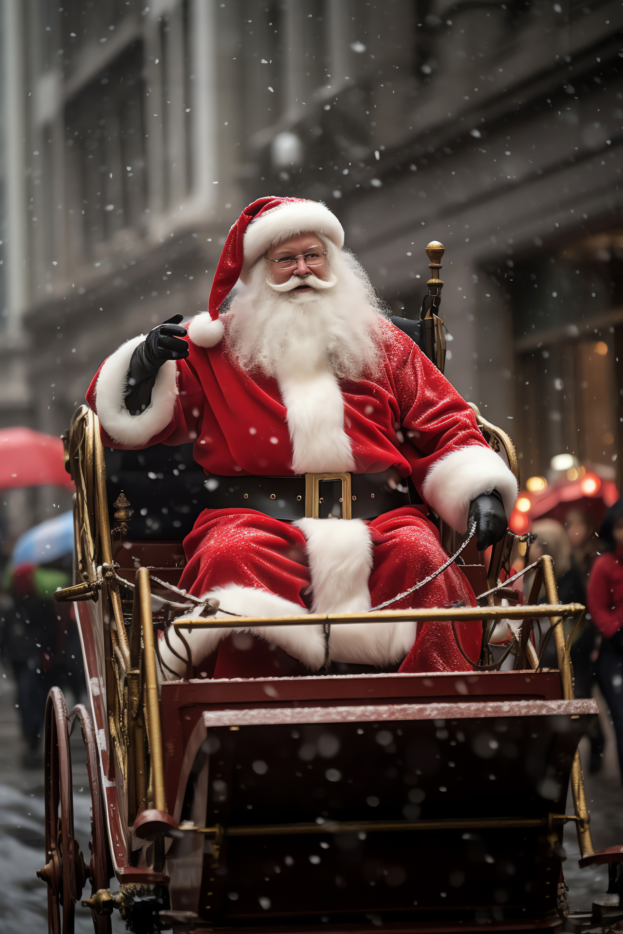 Santa flight above town, Crystalized water vapor fall, Urban roads holiday pomp, Wintry eve ornamentation, Jolly aerial escapade, HD Phone Image