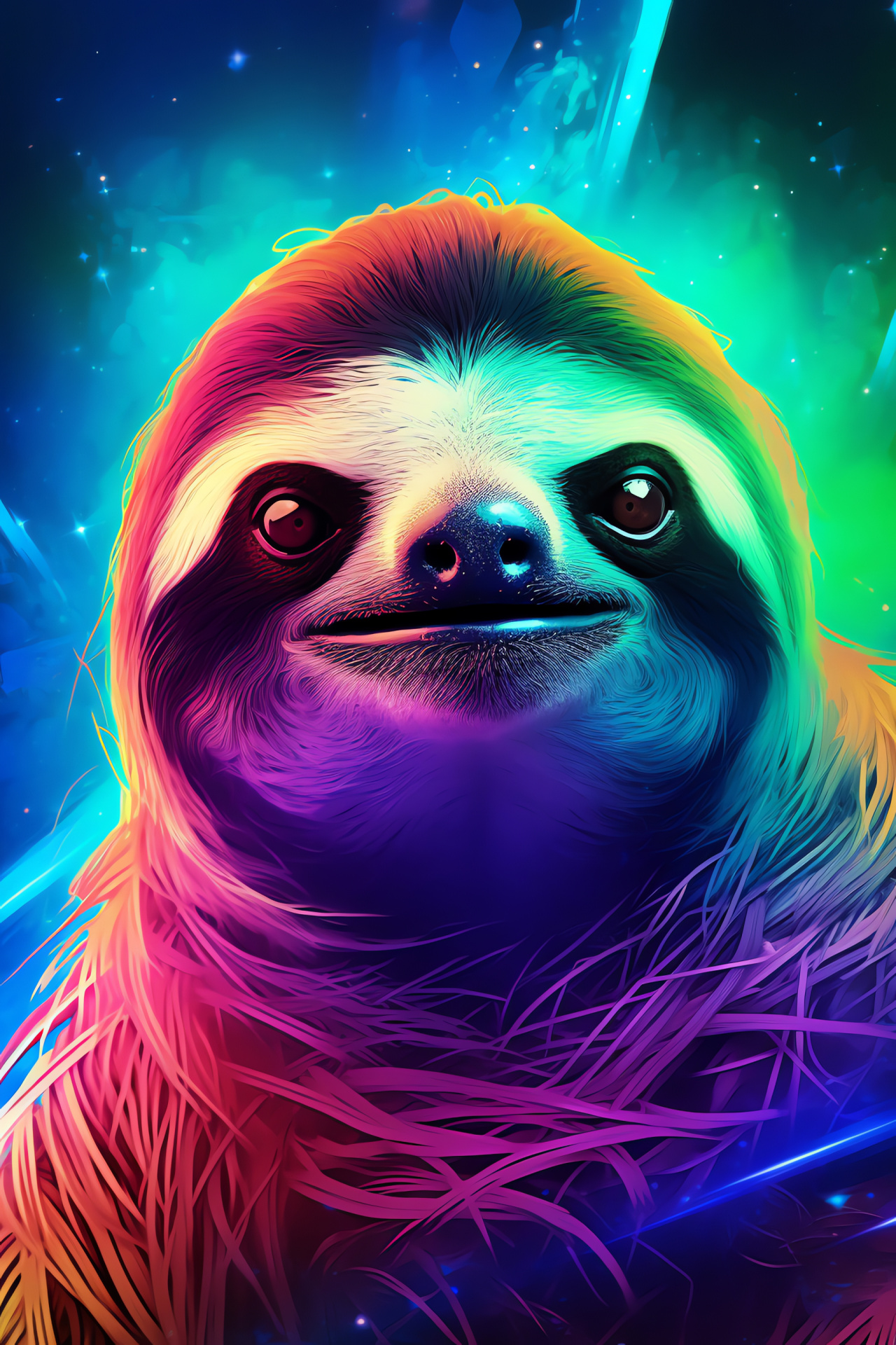 Multicolor Space Sloth, Vibrant fur patterns, Pink and blue highlights, Unique animal design, Neon hues, HD Phone Image