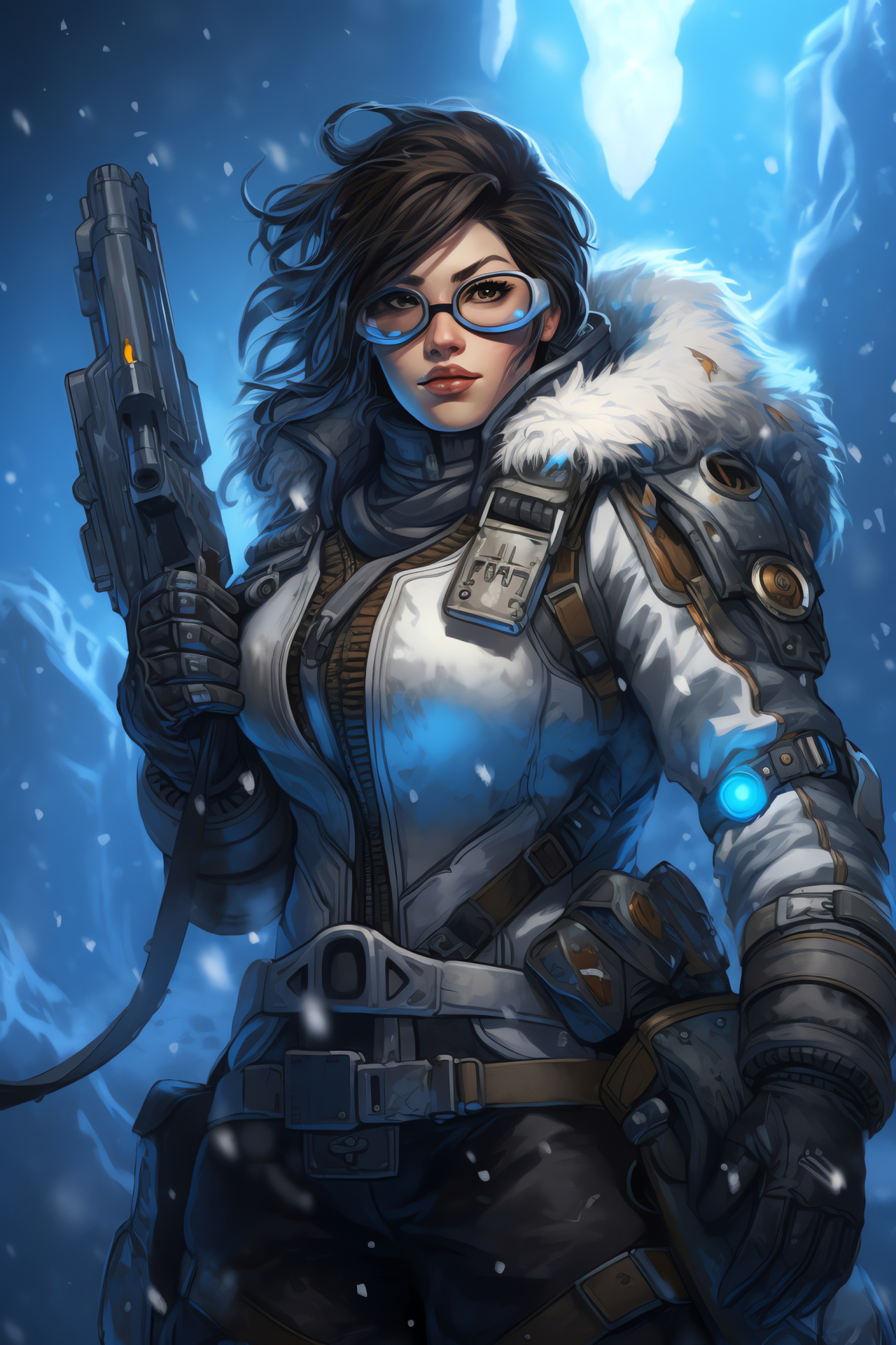 Overwatch Mei, Eichenwalde battleground, Weapon showcase, Derelict frost, Celestial backdrop, HD Phone Image