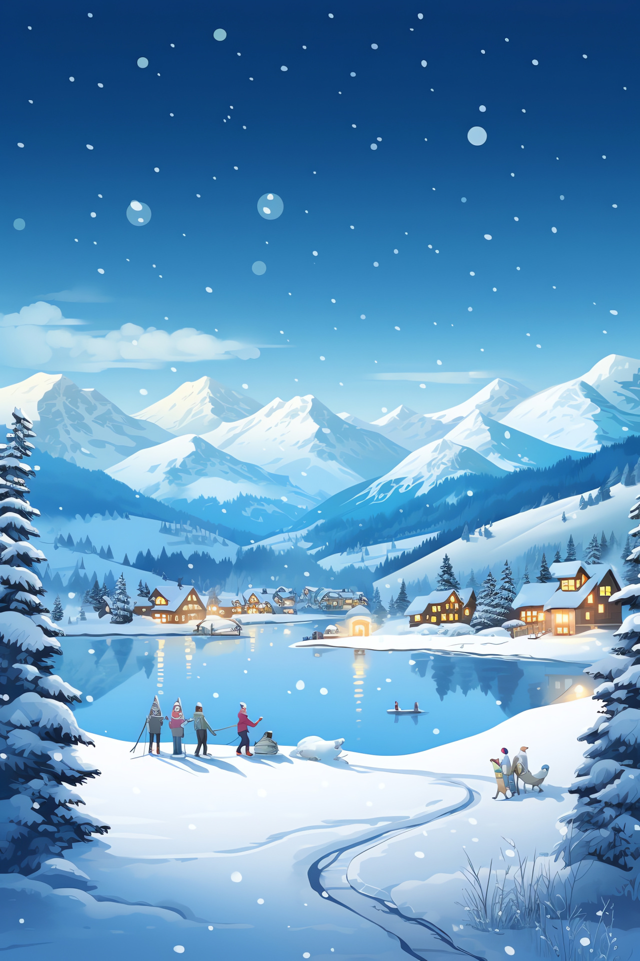 Winter New Years, Evening tranquility, Snowy mountains, Icy lake reflection, Festive snow figures, HD Phone Wallpaper