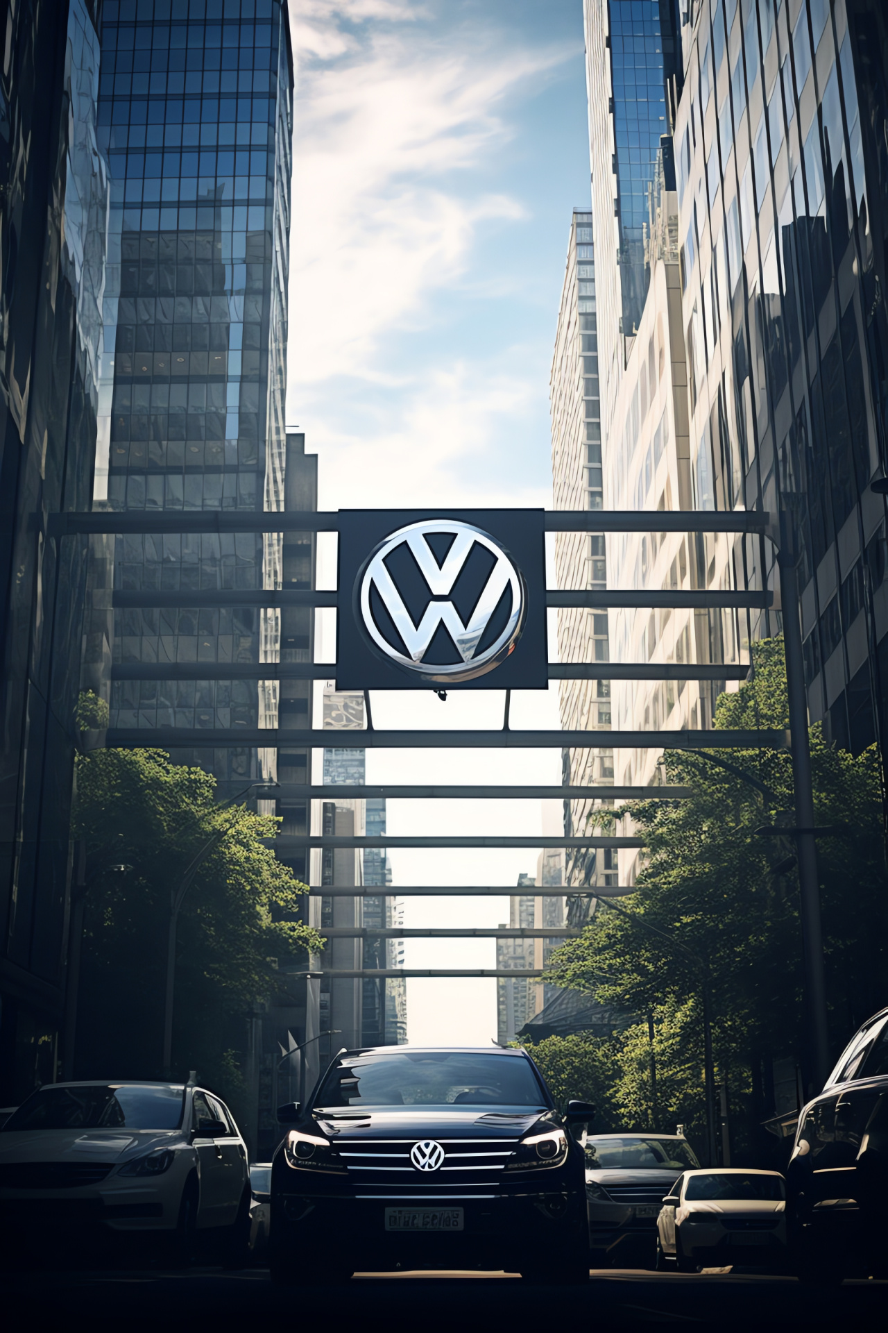 VW emblem, urban environment, advertising display, metropolitan scene, skyscrapers silhouette, HD Phone Wallpaper