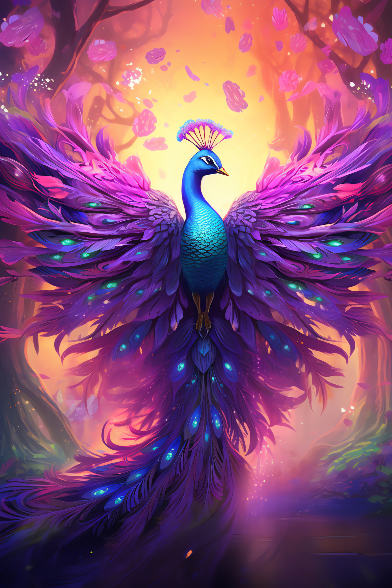 Peacock bird, elegant Peacock Fairy, spectrum of vibrant feathers, fairy tale creature, enchanted forest bird, HD Phone Image