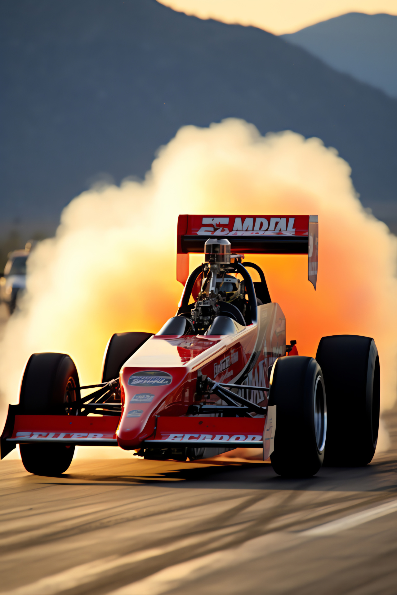 Super Comp dragster, Bandimere Speedway, Competitive drag race, Roaring automotive power, Mountain backdrop, HD Phone Image