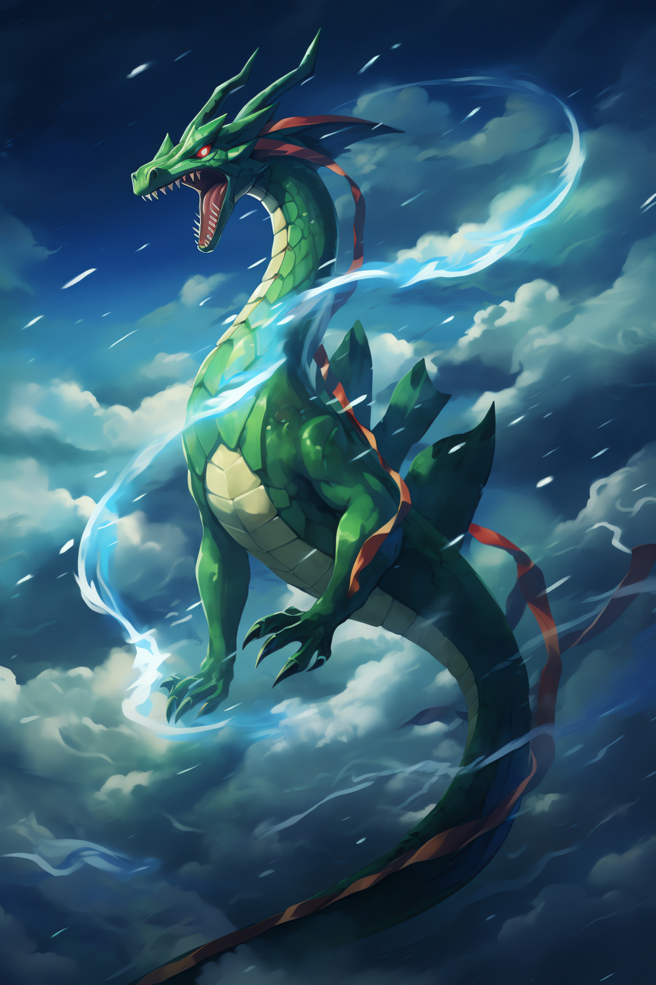 Rayquaza legendary Pokmon, Ominous sky backdrop, Mythical creature design, Electric energy depiction, Iconic gaming beast, HD Phone Image