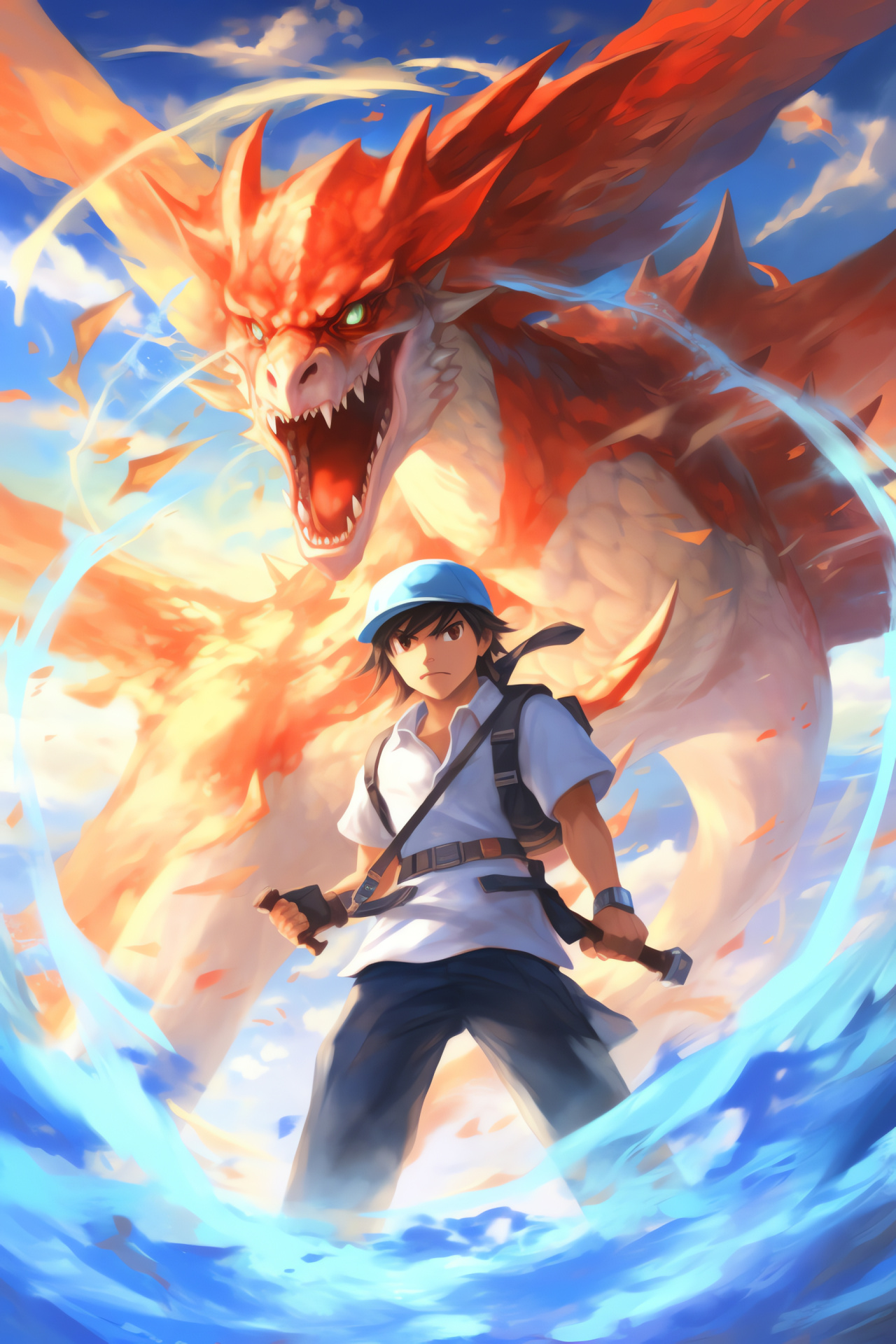 Pokemon White adventure, Protagonist Ash, Mighty Dragonite, Beam of destruction, Combat scene, HD Phone Image