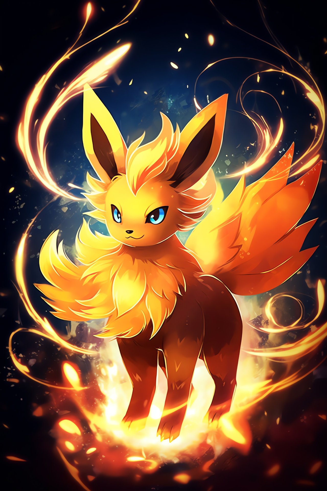 Flareon illustration, combustion element, Eevee transformation, crimson coat, sapphire optics, HD Phone Image