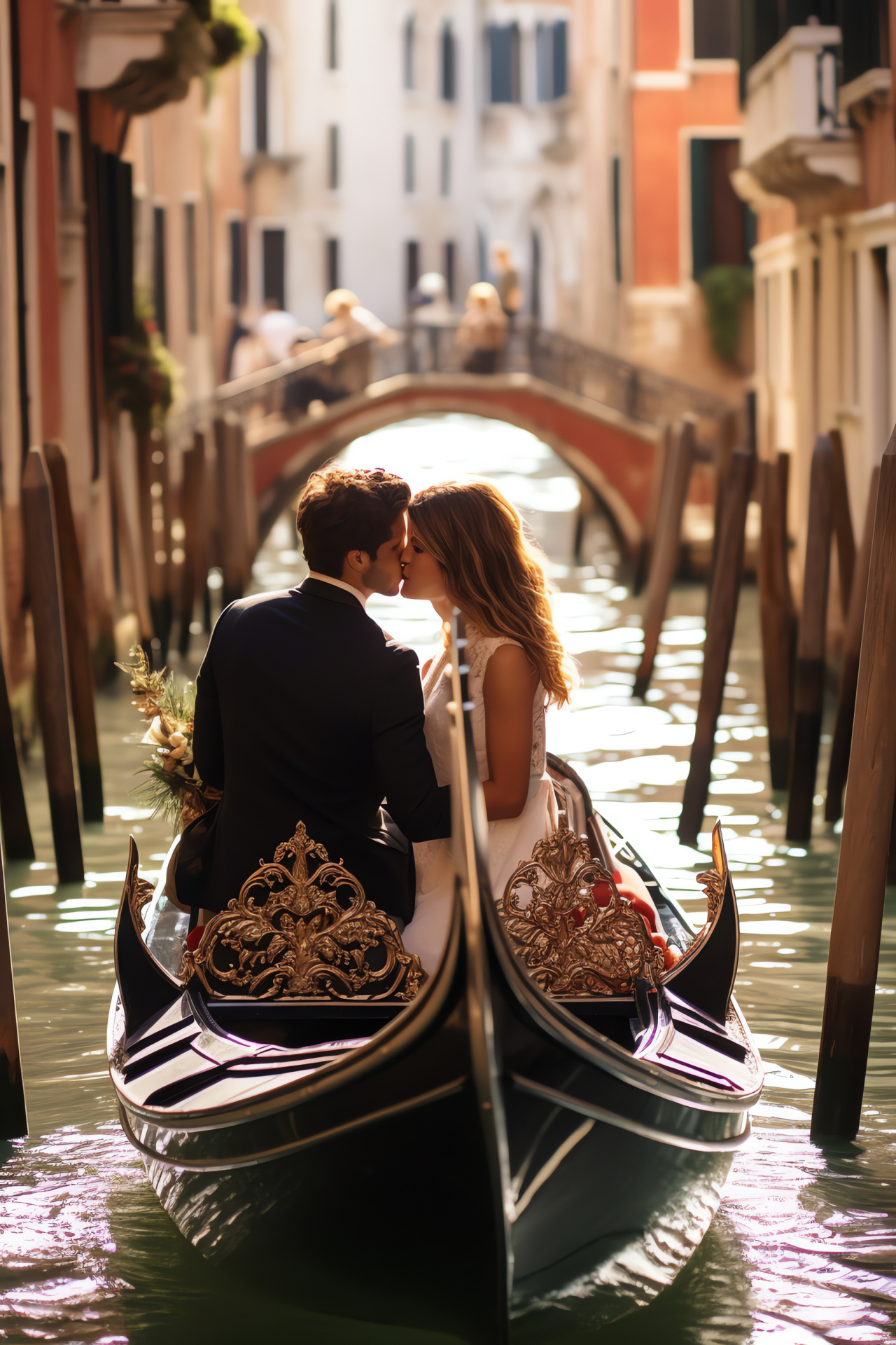 Anniversary celebration, romantic duo, Italian cityscape, waterway voyage, traditional gondolier, HD Phone Image