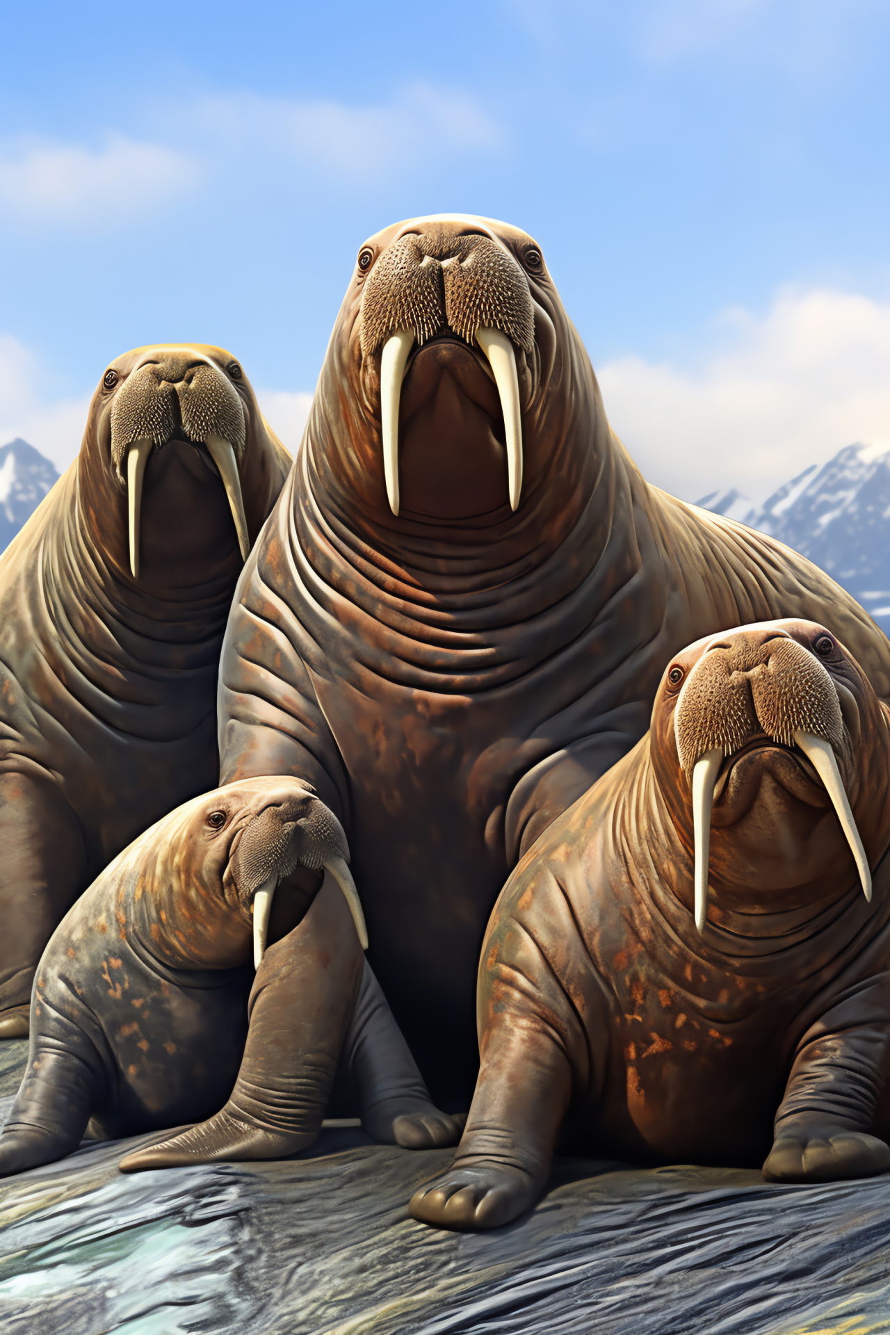 Walrus huddle, diverse coat textures, speckled gray skin, chestnut tones, rocky marine environment, HD Phone Image