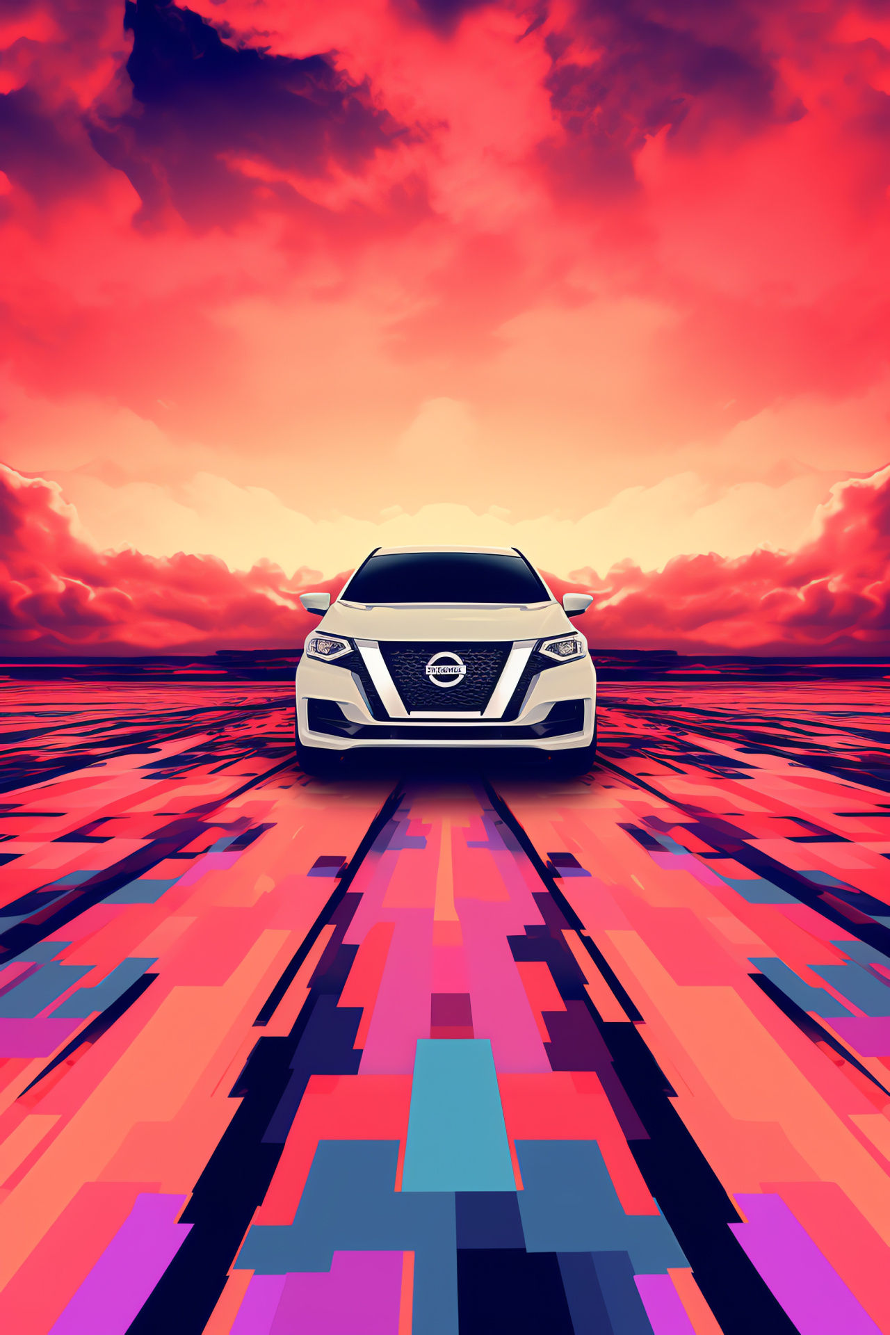 Nissan company logo, Expansive cosmic field, Electric neon creation, Palette vibrance, Artistic grid, HD Phone Image