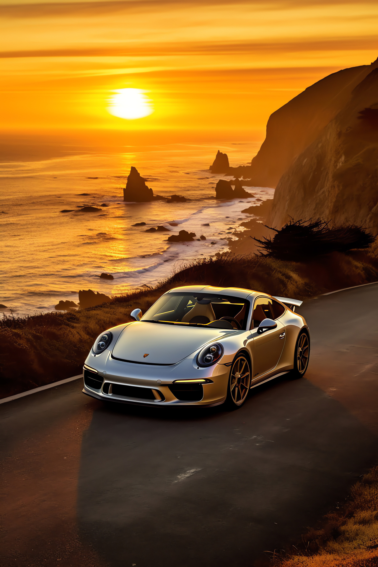 California coast drive, Porsche GT3 Touring moment, Highway panoramas, Coastal cliffs, Oceanic rhythms, HD Phone Image