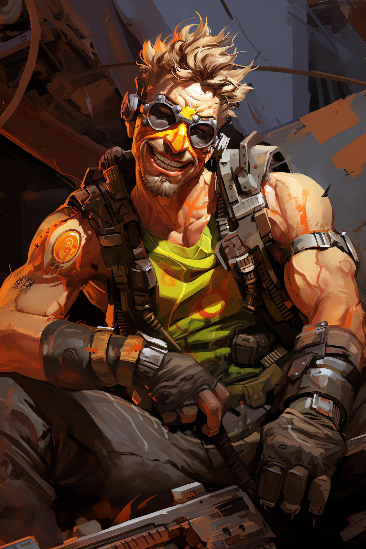 Junkrat from Overwatch, Animated jester, Action-packed scene, Post-apocalyptic game, Explosive chaos, HD Phone Wallpaper