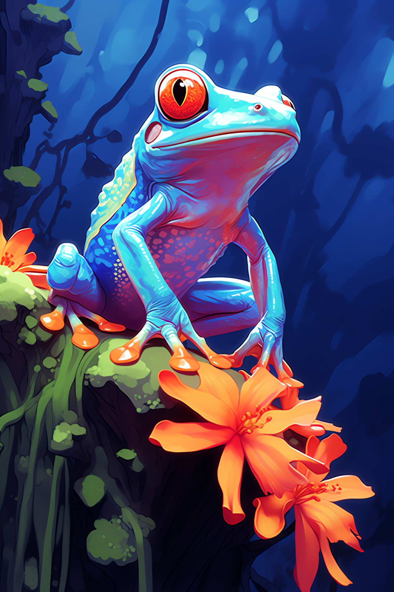 Amphibian on petal, Vivid skin pigmentation, Ruby-eyed fauna, Vibrant bloom perch, Amphibian surface bumps, HD Phone Wallpaper