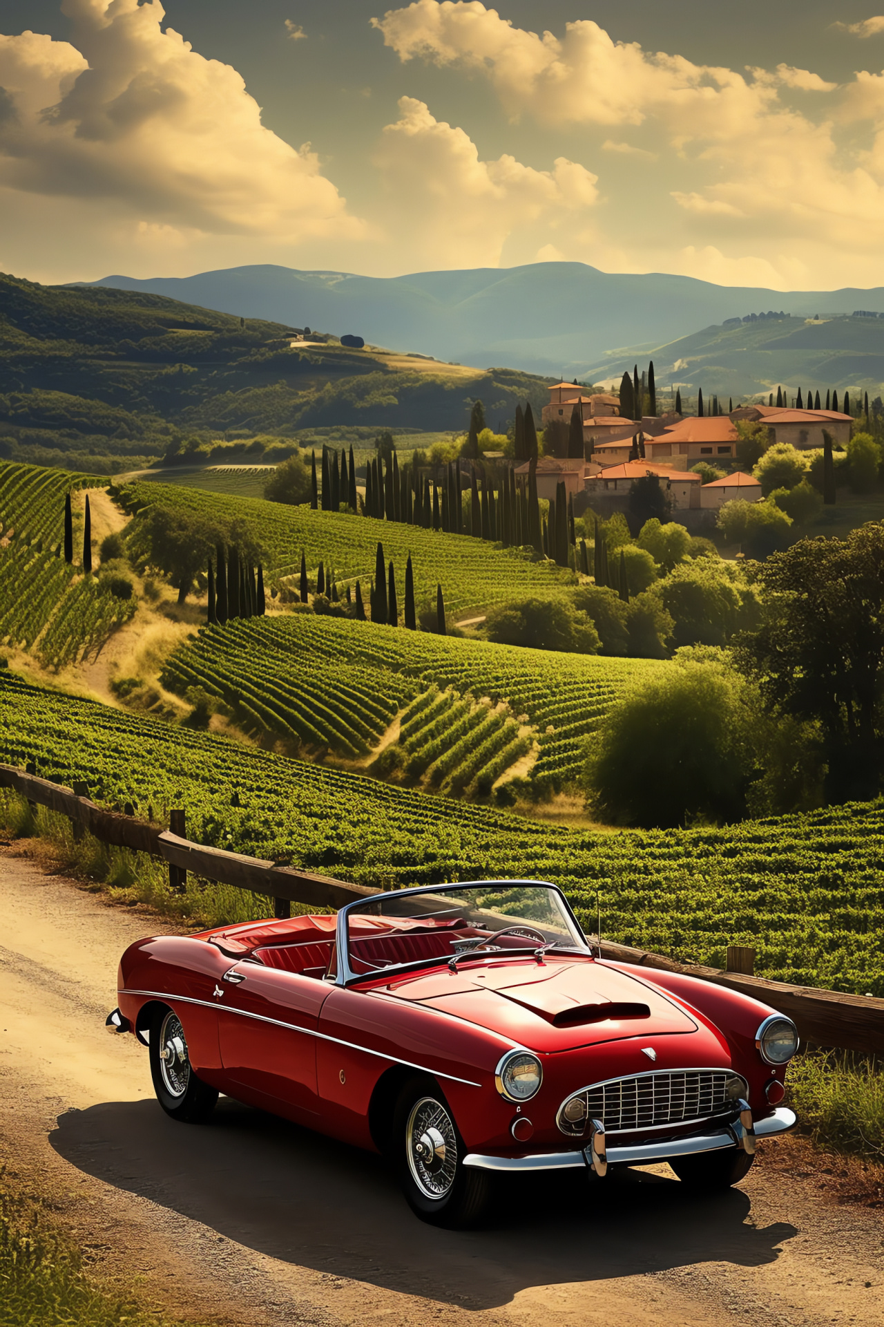 Italian Countryside, Classic convertible, Scenic drives, Vineyard background, Red car charm, HD Phone Wallpaper