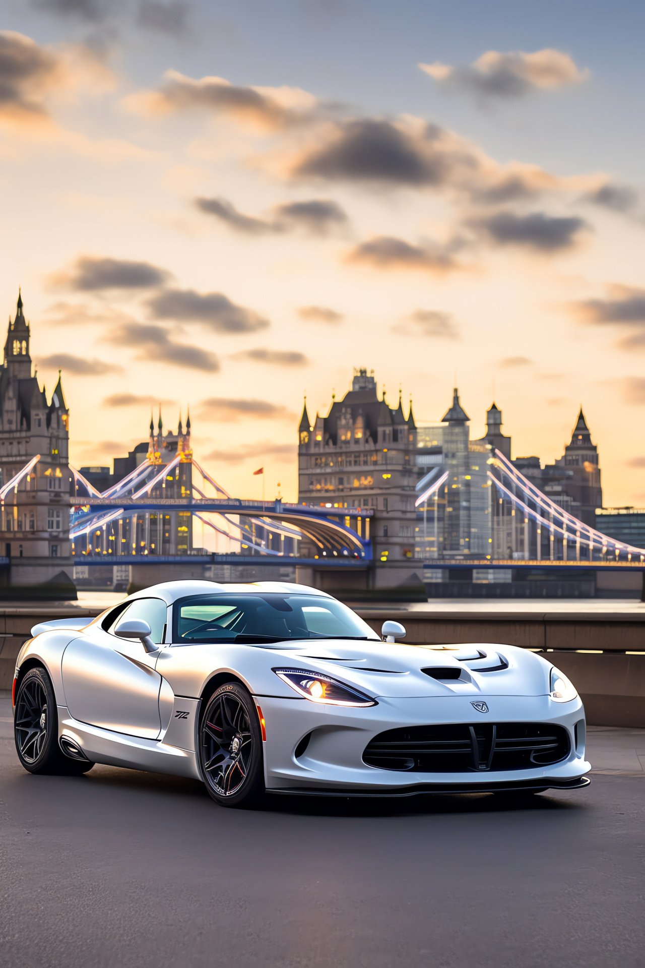 London backdrop, White Viper elegance, Historic bridge setting, Urban cruising, British landscapes, HD Phone Wallpaper