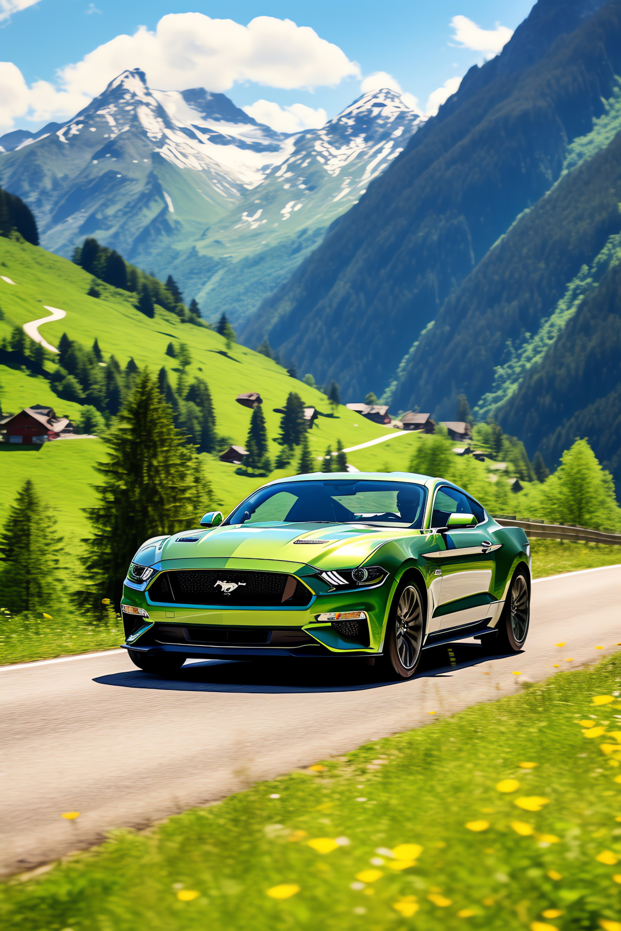 Mustang HD, Alpine driving experience, Swiss mountain pass agility, Panoramic Alpine vistas, Verdant Swiss landscapes, HD Phone Wallpaper