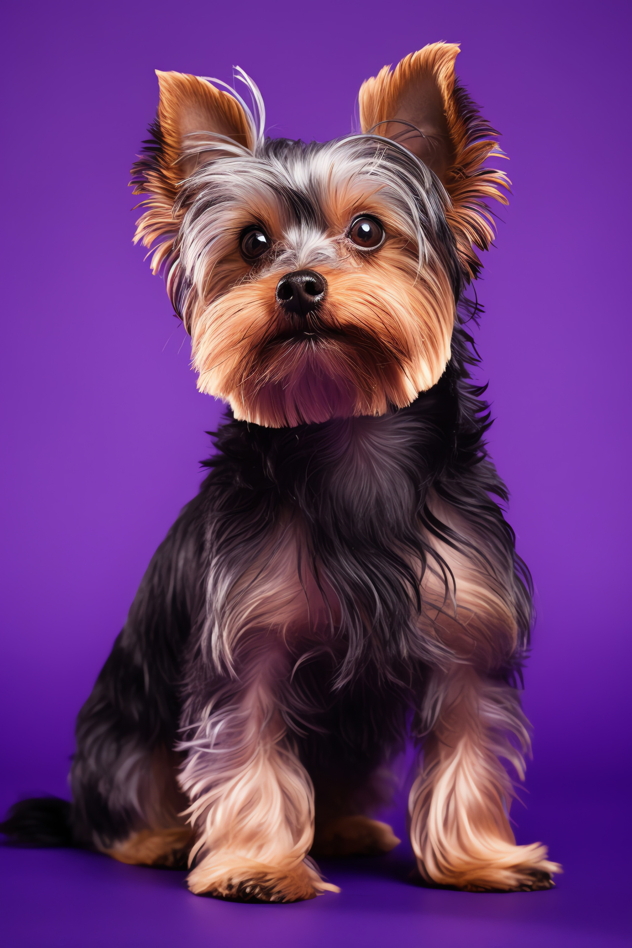 Small Yorkshire Terrier, expressive canine face, velvety soft fur, pet portrait on monochrome backdrop, HD Phone Image