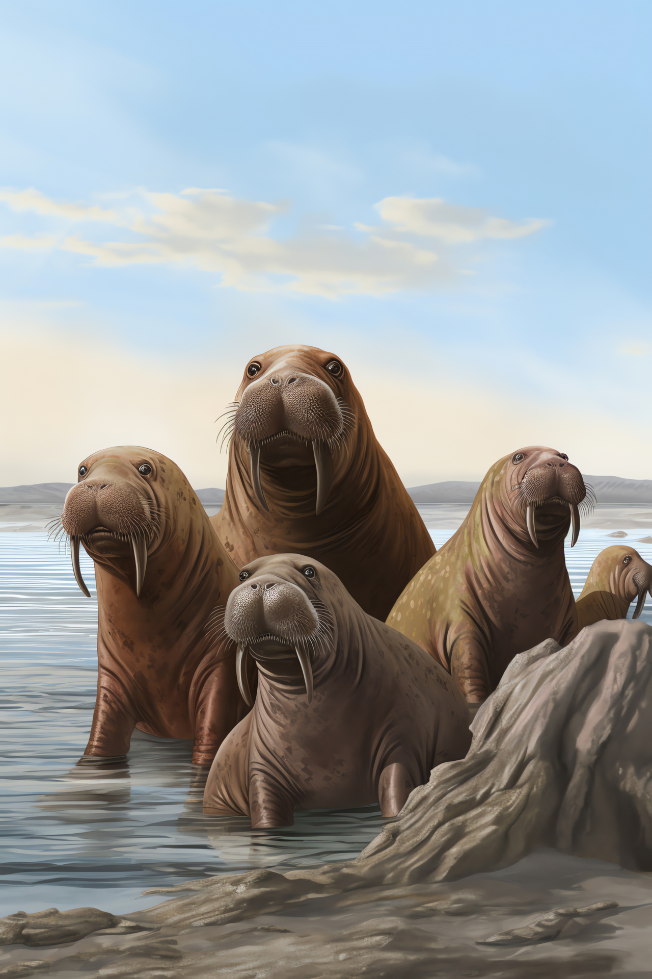 Walrus gathering, blubbery gray body, desolate Arctic environment, oceanic mammals, coastal landscape, HD Phone Wallpaper