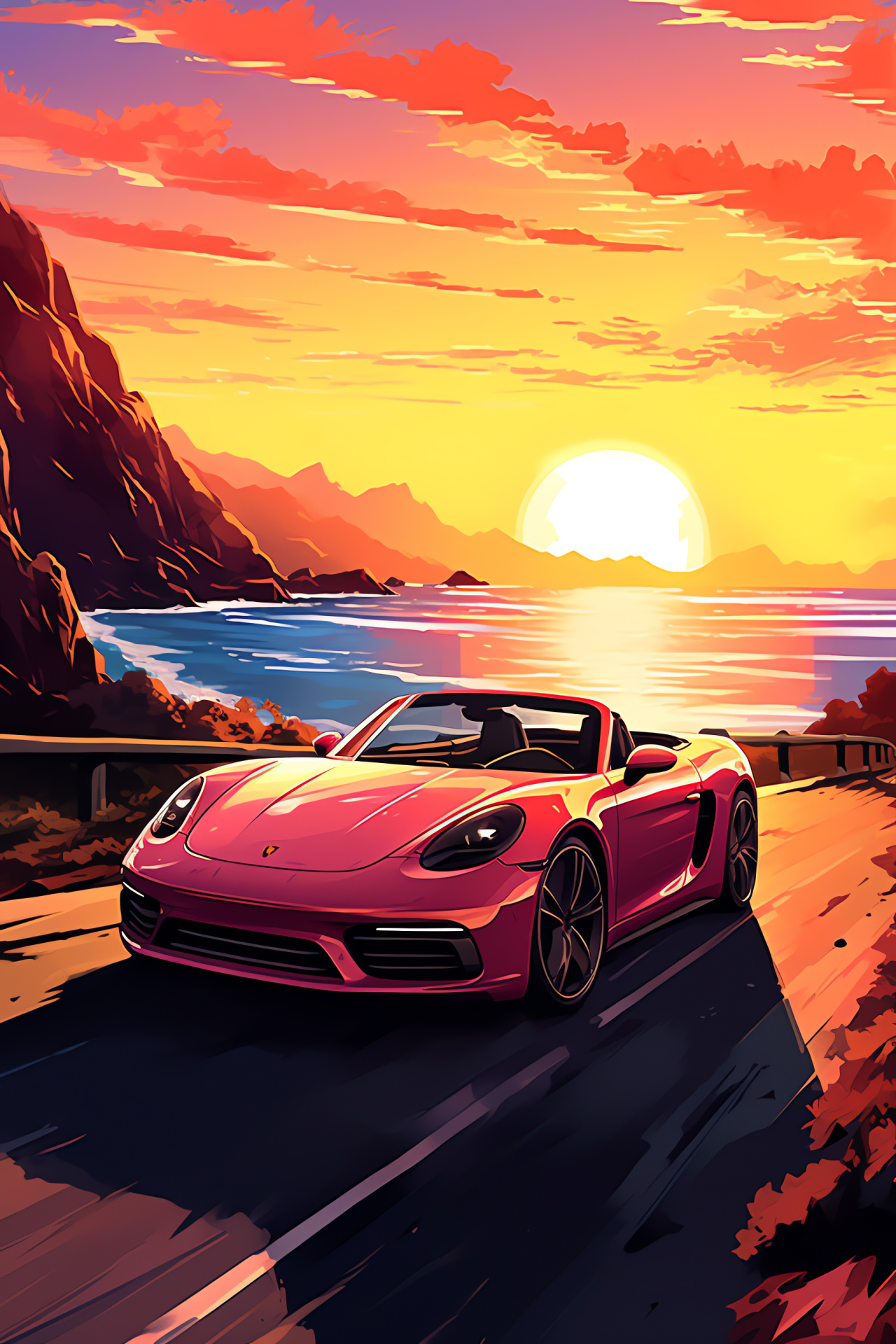 Ocean road journey, Sunset horizon backdrop, Convertible freedom, Sporty automotive grace, Seaside driving romance, HD Phone Image