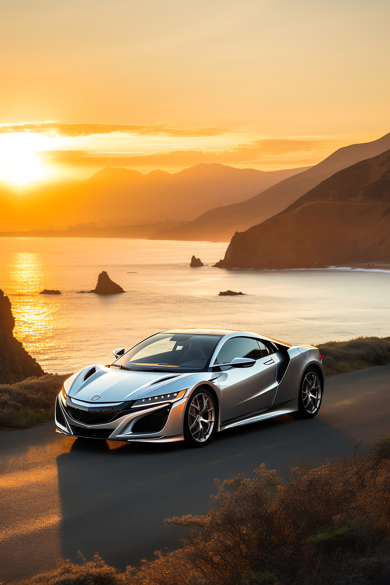 VTEC controlled NSX, California coastline performance, silver elegance, coastal cruise, high-end handling, HD Phone Image