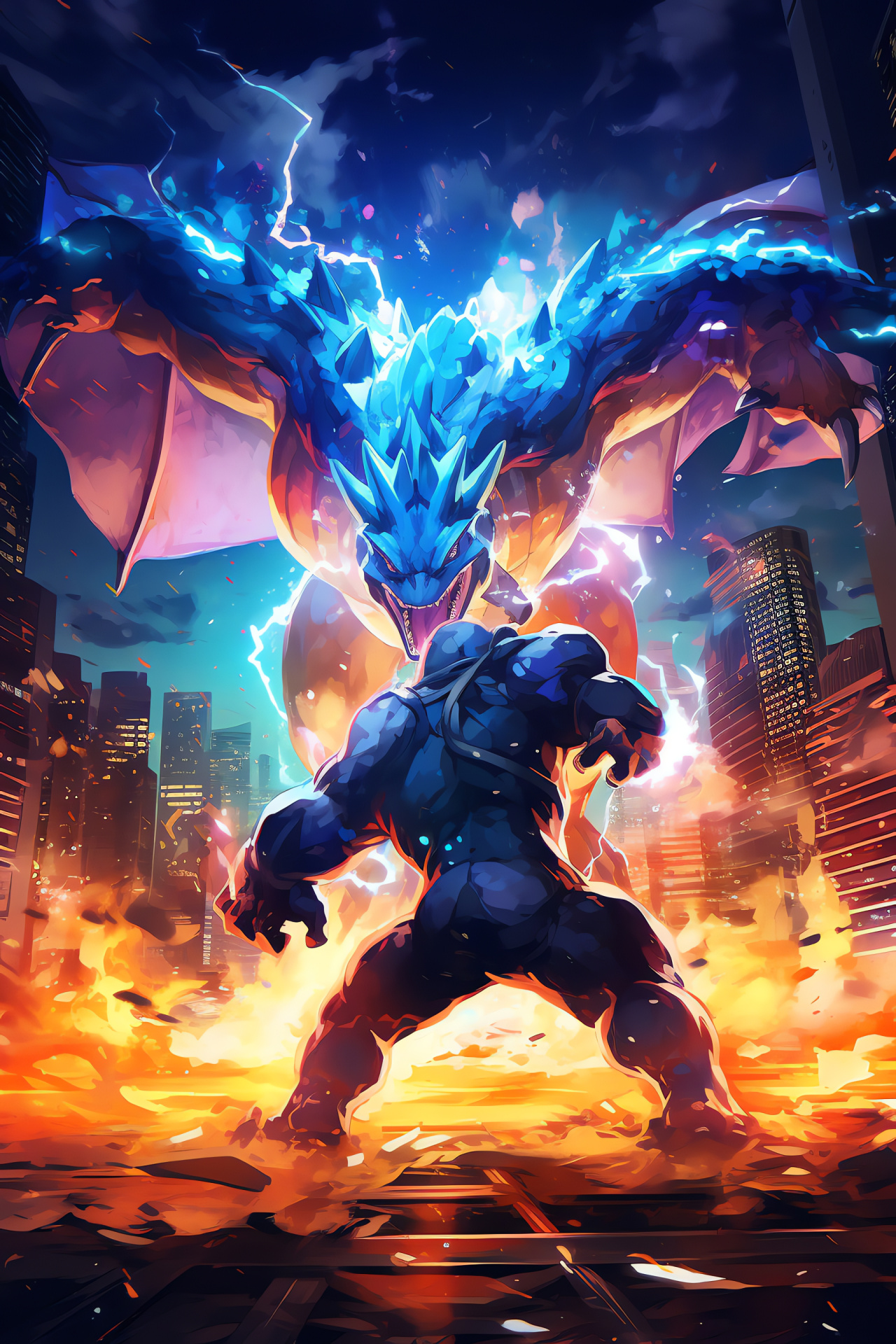 Mega Charizard X, Blastoise combatant, Urbanity context, Towering silhouettes, Illumination fest, HD Phone Image