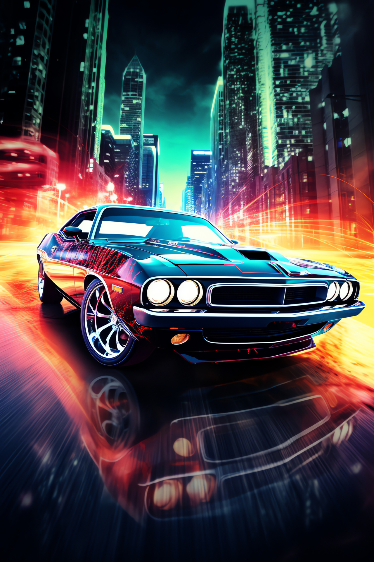 Contemporary muscle car, Swirling abstract graphics, Urban futuristic landscape, Sharp car contours, Electric neon display, HD Phone Image