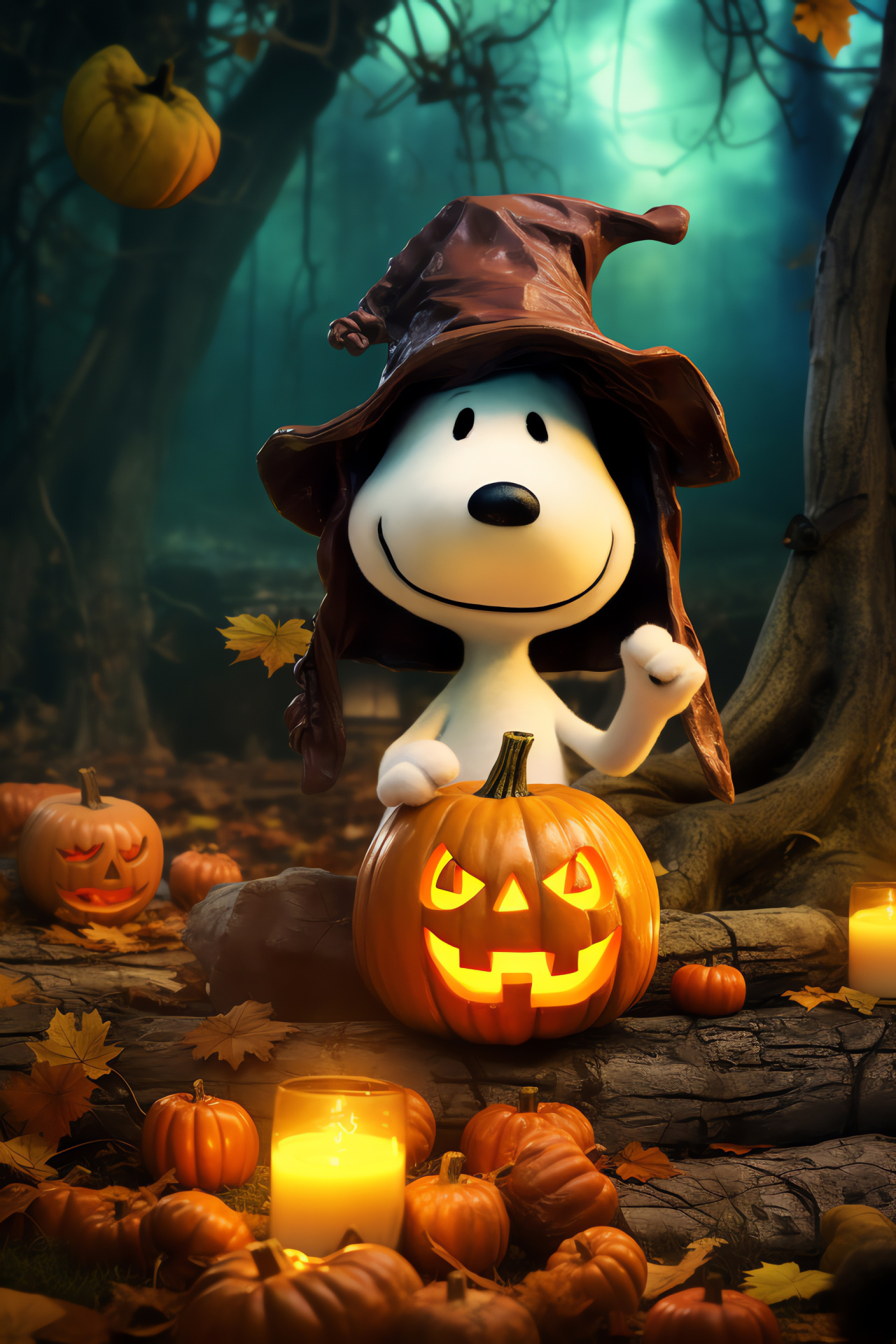 Halloween Beagle, Small yellow bird, Sorcerer outfits, Enchanted timberland, Fairy-tale setting, HD Phone Wallpaper