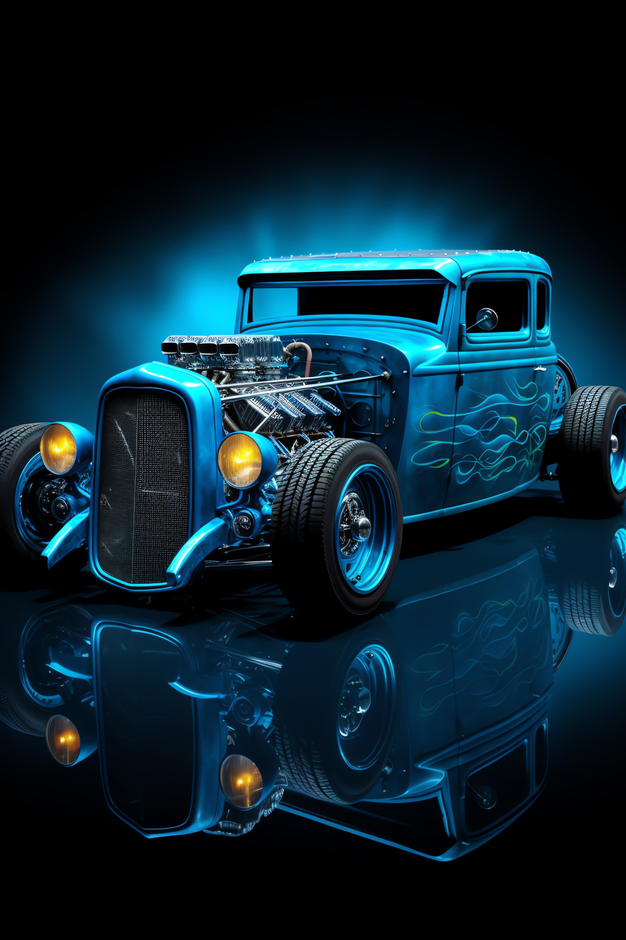 Custom Rat Rod vehicle, Aqua Fury style, overhead angle, blue car exterior, solitary color focus, HD Phone Wallpaper