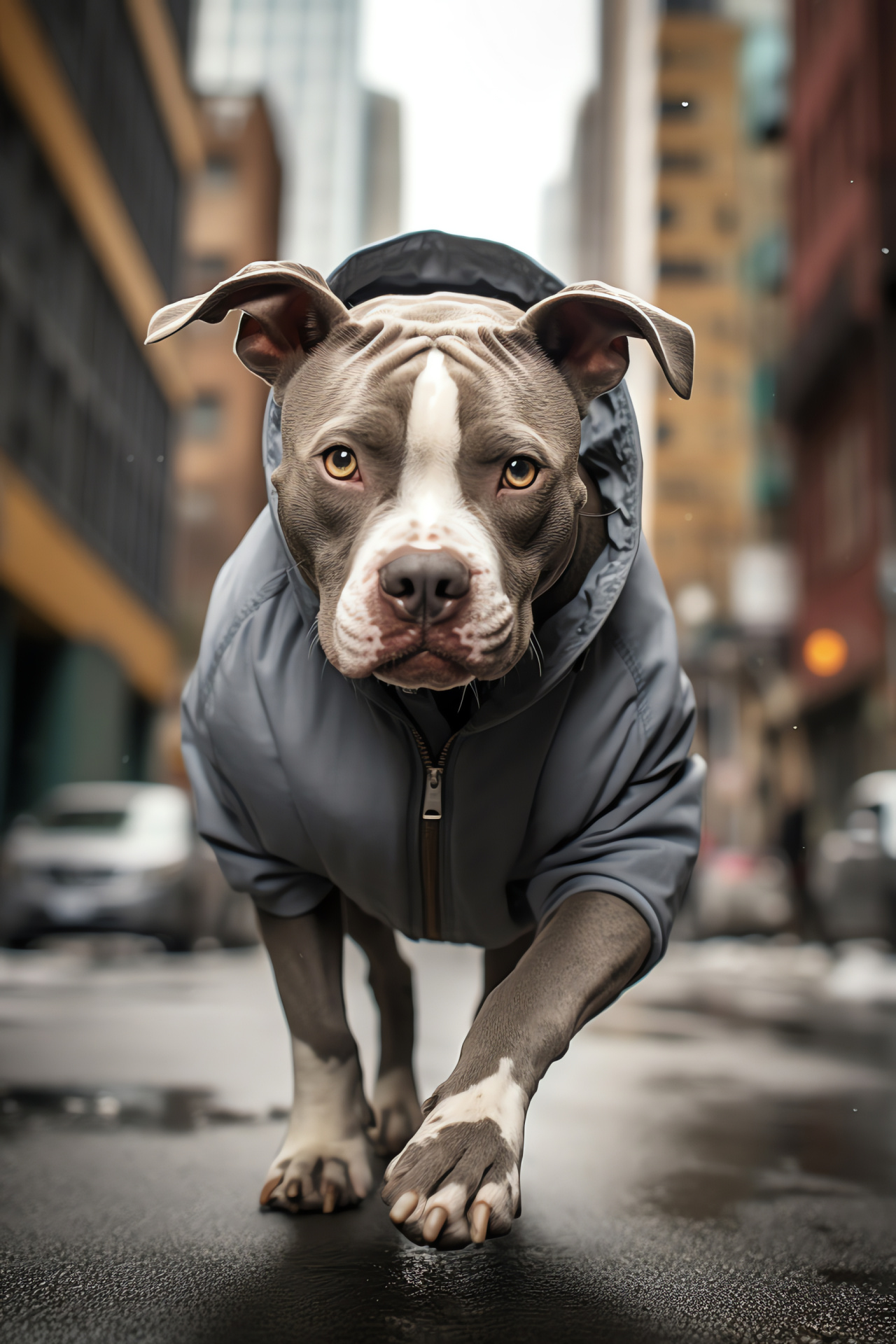 Silver-coated Pitbull, Grey-eyed dog, Assured stance, Urbane backdrop, Mid-movement capture, HD Phone Image