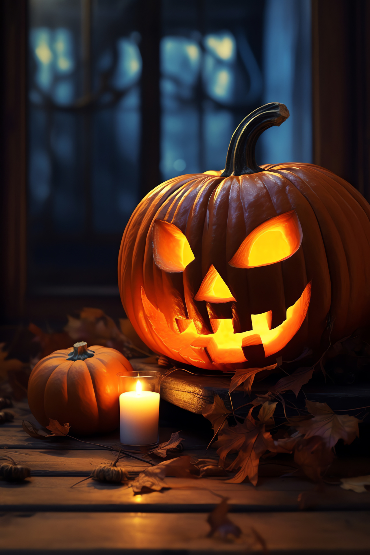 Halloween motif, Jack-o'-lantern, Fall celebration, Eerie ambiance, Outdoor decoration, HD Phone Wallpaper