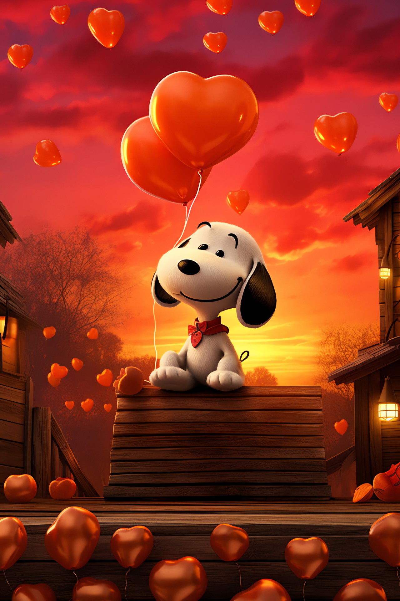 Snoopy, Valentine's festivity, artistic portrayal, kennel, affectionate airships, HD Phone Image