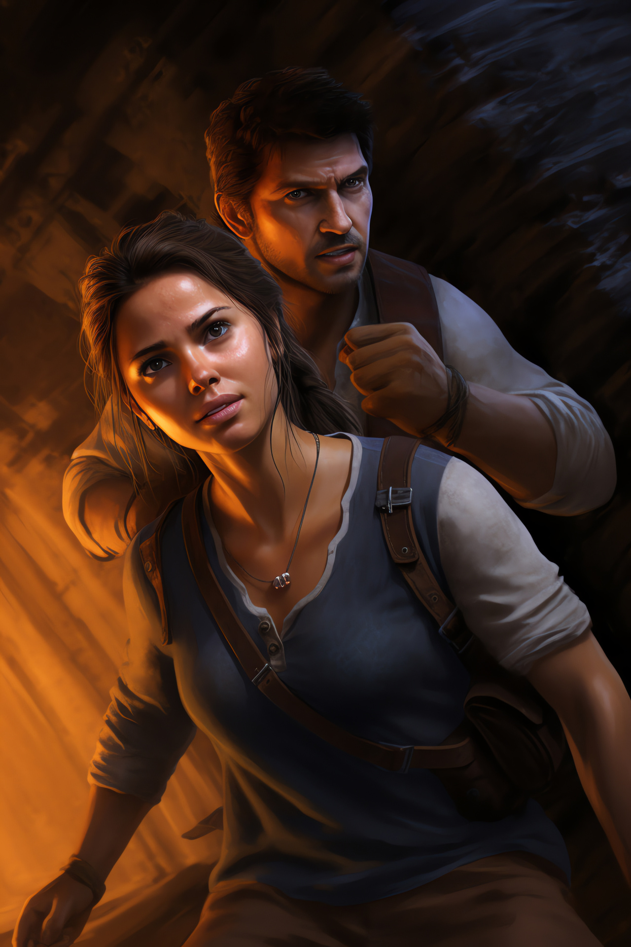 Uncharted heroes together, Gaming narrative, Reporter Fisher, Treasure seeker Drake, Pair in action, HD Phone Image