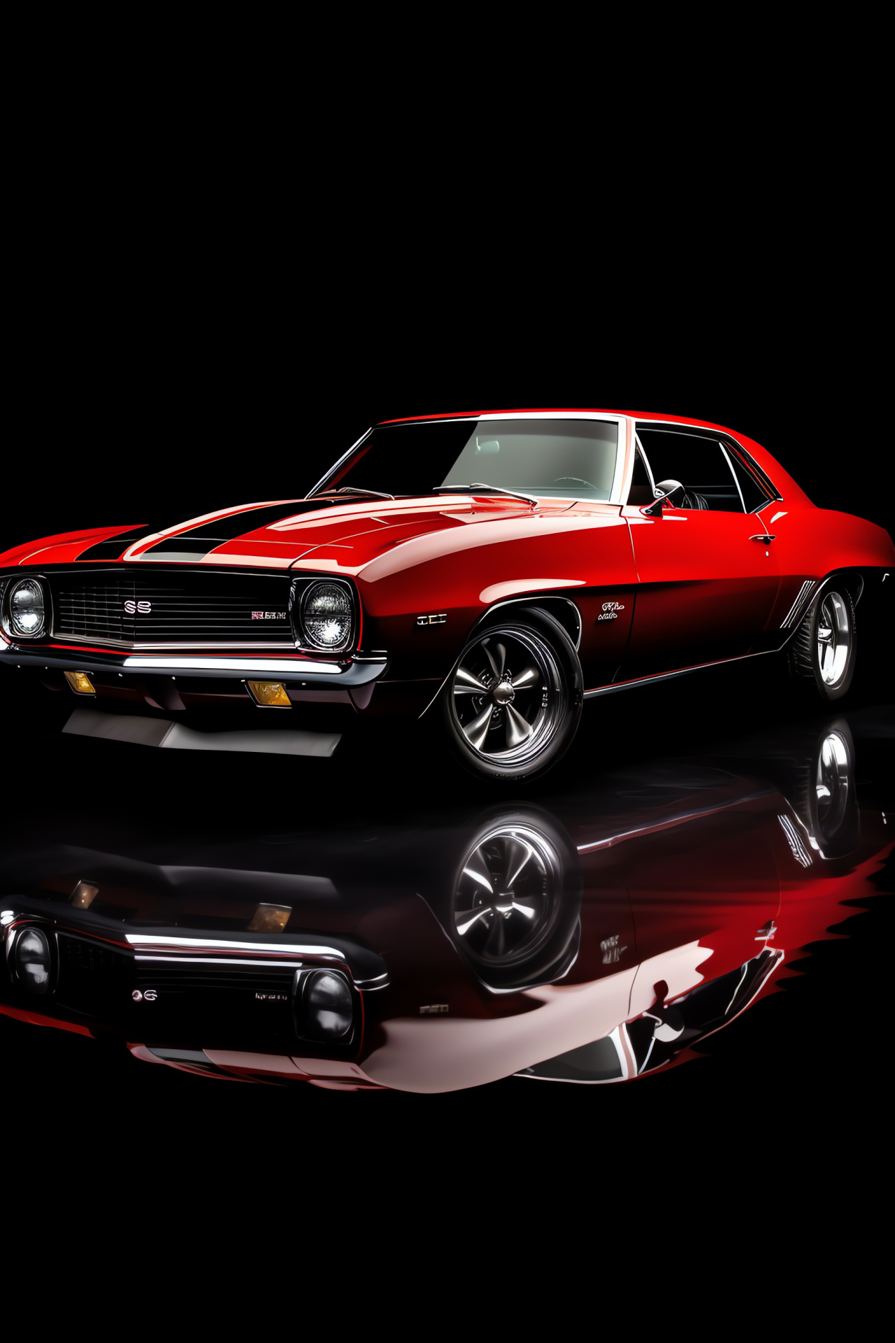 Red muscle car, High-angle display, Glossy exterior, Classic vehicle, Bold black contrast, HD Phone Wallpaper