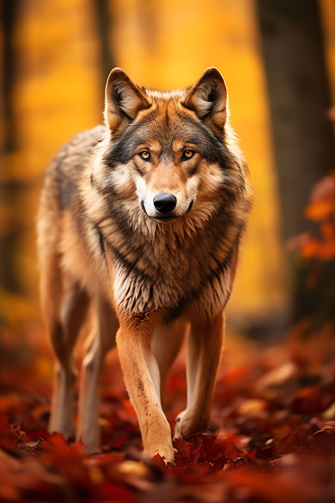 Copper-red coated wolf, Autumn timber wolf, Golden-eyed predator, Deciduous forest animal, Fall season wildlife, HD Phone Wallpaper