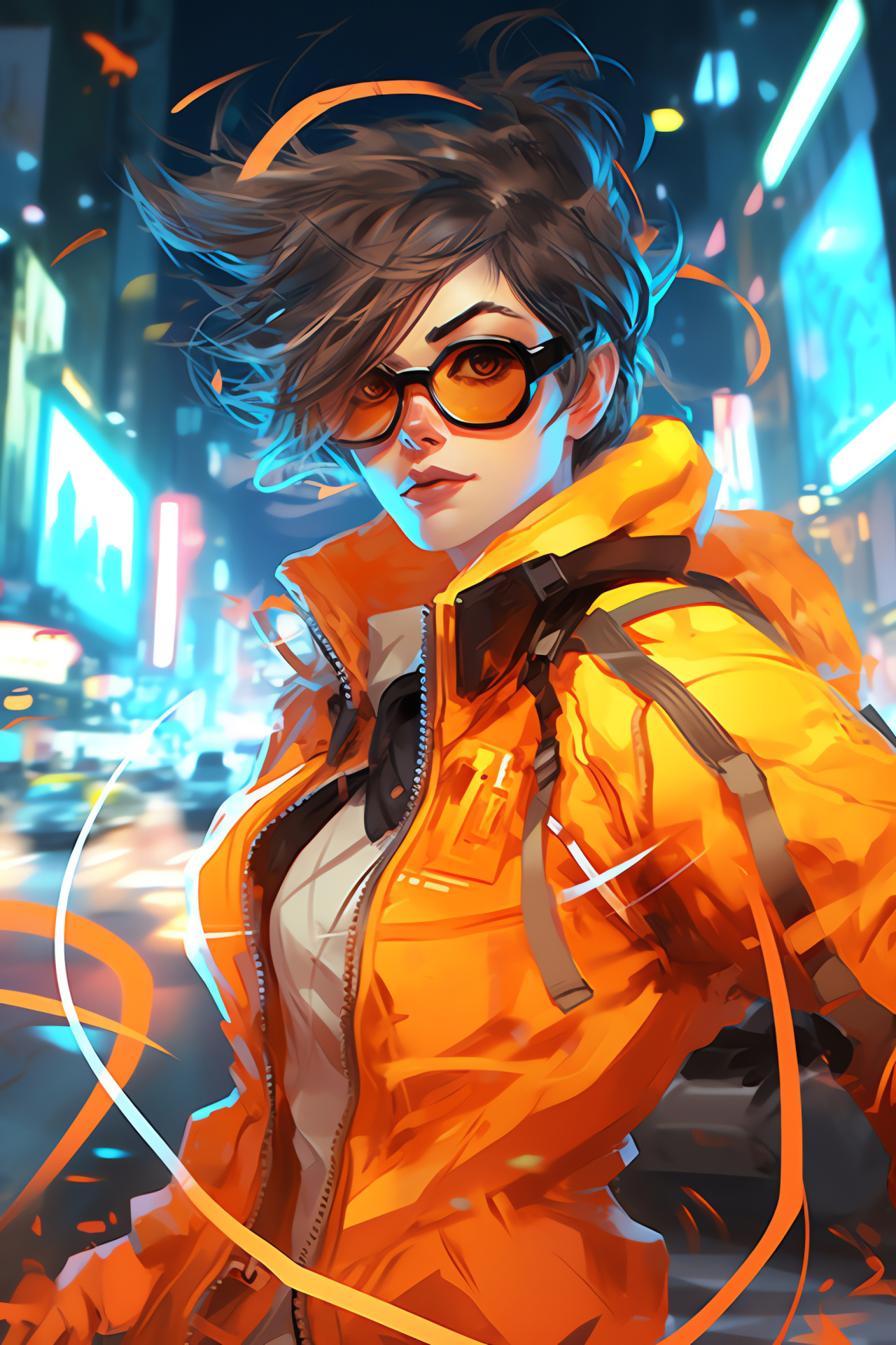 Tracer from Overwatch, Agile combatant, Urban thoroughfare, Gaming icon, Signature weaponry, HD Phone Image