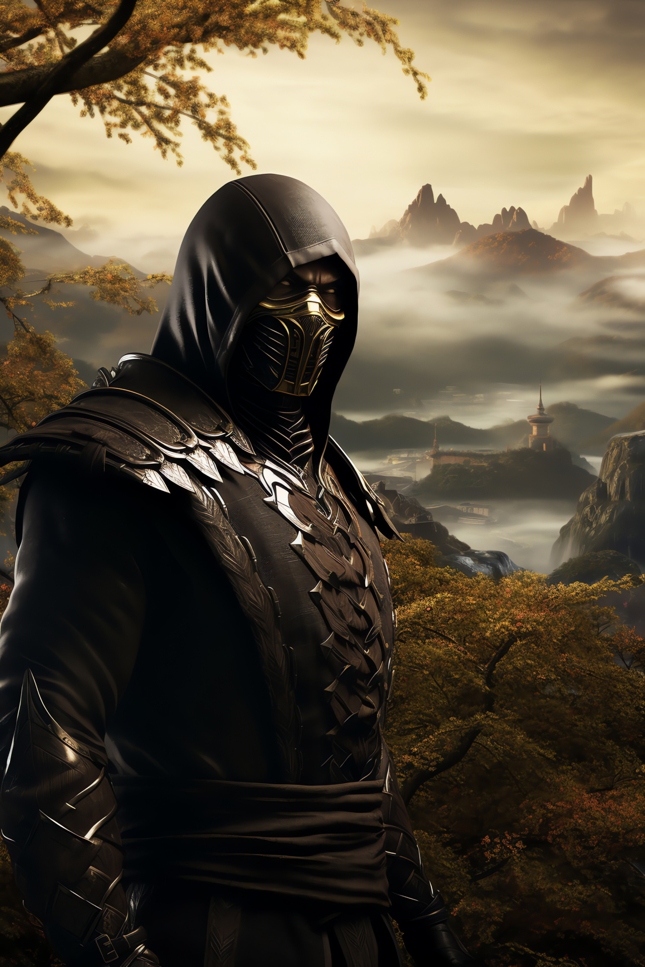 Combat warrior Noob Saibot, Arena backdrop, Islands environment, Combatant gathering, Tactical fighter, HD Phone Wallpaper